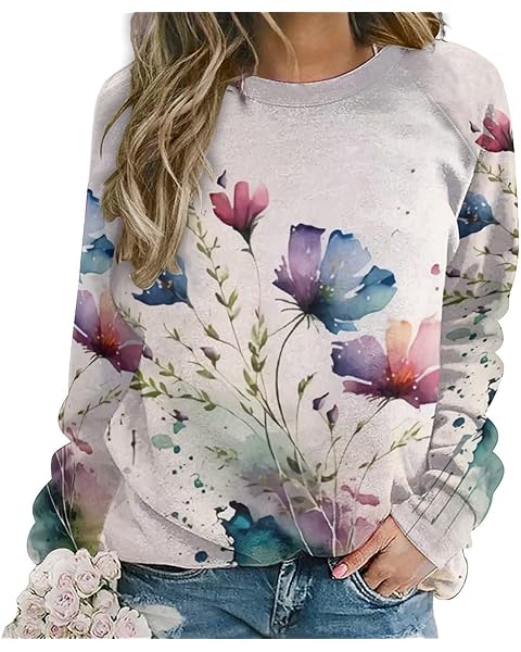 ZOCAVIA Womens Boho Floral Sweatshirts Novelty Graphic Crewneck Long Sleeve Shirts Oversized Fall Casual Flower Pullover Tops