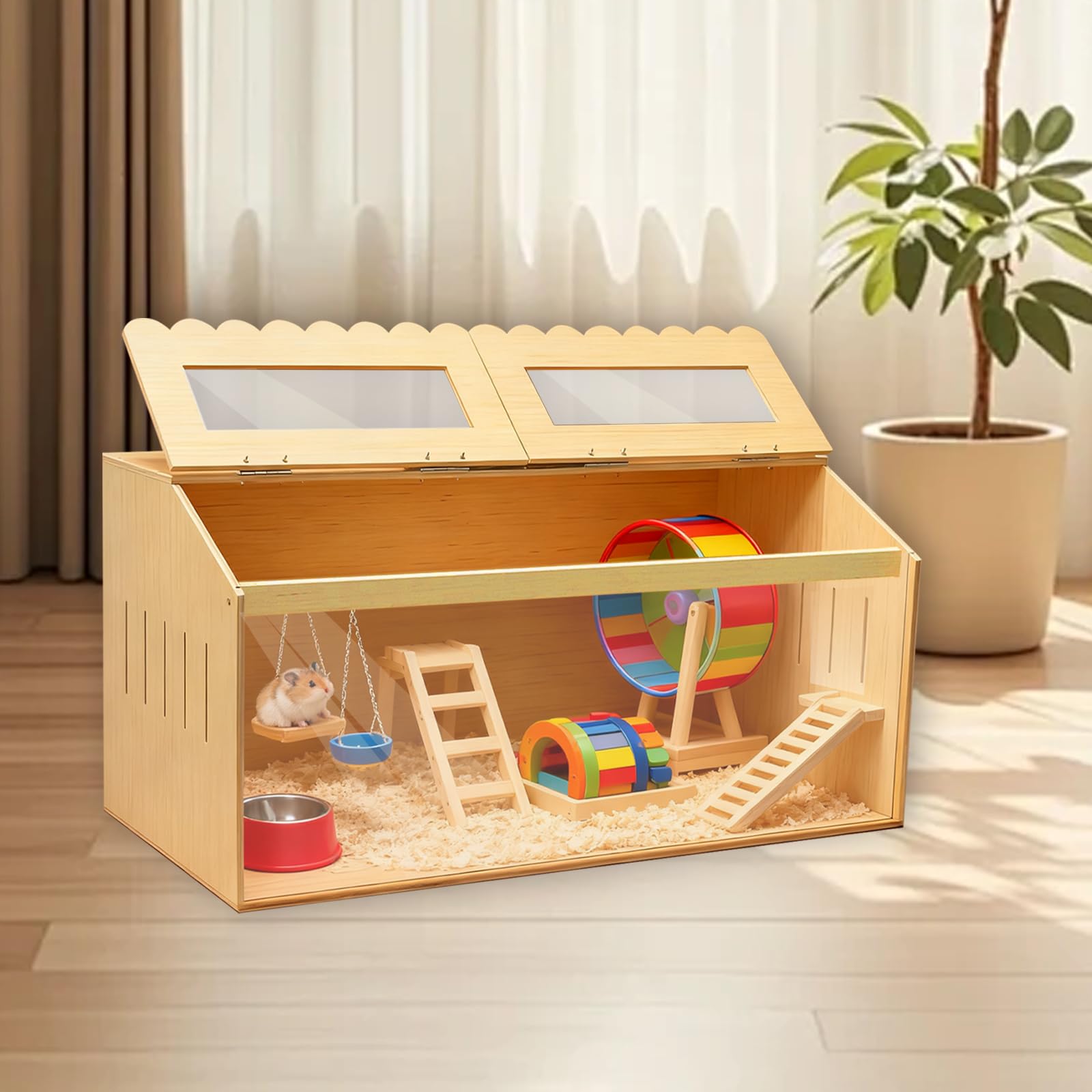 Gabbia in legno per criceti, grande gabbia per criceti con parte superiore apribile, 80 x 40 x 40 cm, trasparente, per criceti nani, per esercizi all'aperto, per criceti siriani