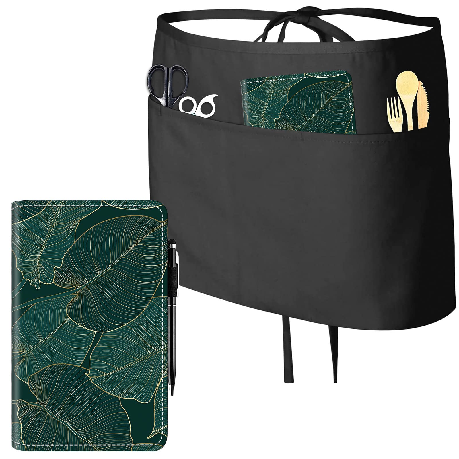 Delantales de servidor + libro de servidor, delantal de camarera con 3 bolsillos, libro de camarera, licencia tropical 3D
