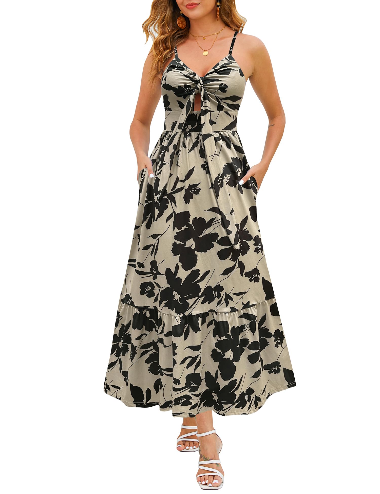 Kranda Women 2026 Summer Sundress High Waist Tie Front Spaghetti Strap Long Beach Floral Tiered Maxi Dress with Pockets