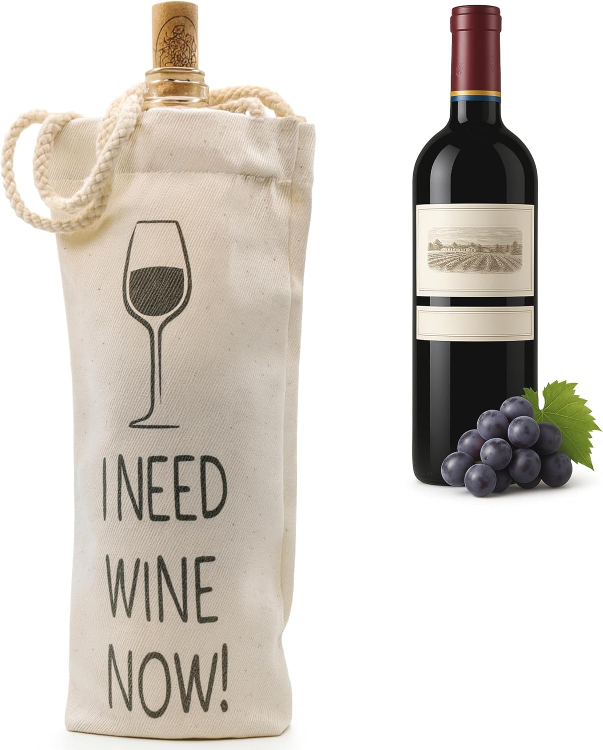Jacob Bicerri Reusable Cotton Gift Bag with Funny Quote – “I Need Wine Now” Bottle Holder - Eco Friendly Fabric Tote for Wine Lovers, Housewarming, Birthday or Party Gift WN23