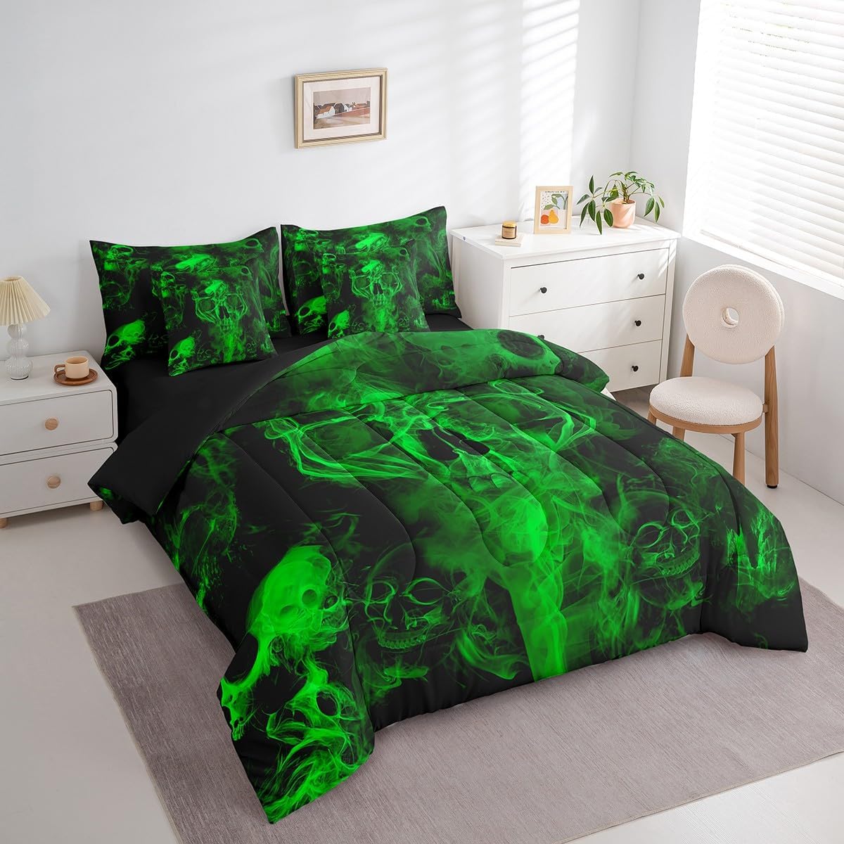 Erosebridal Green Skull Comforter Set Full 7 Piece Gothic Skeleton Halloween Bedding Set with Sheets for Kids Boys Teen Men Hippie Smoke Bed in A Bag Goth Skull Bed Set Reversible