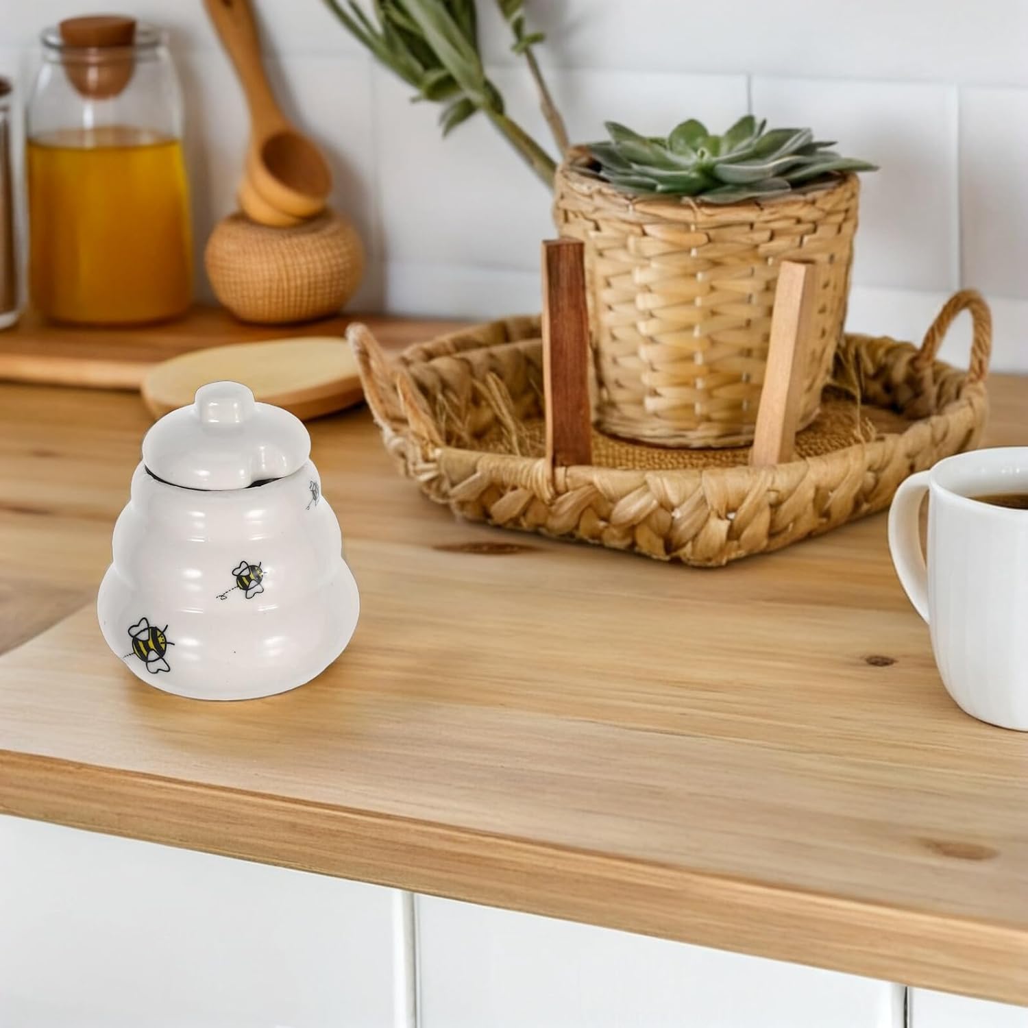 Ceramic Honey Jar and Dipper Set with Lid 5pcs Bee Honey Pot for Kitchen Dining and Gift for Home Use and Special Occasions