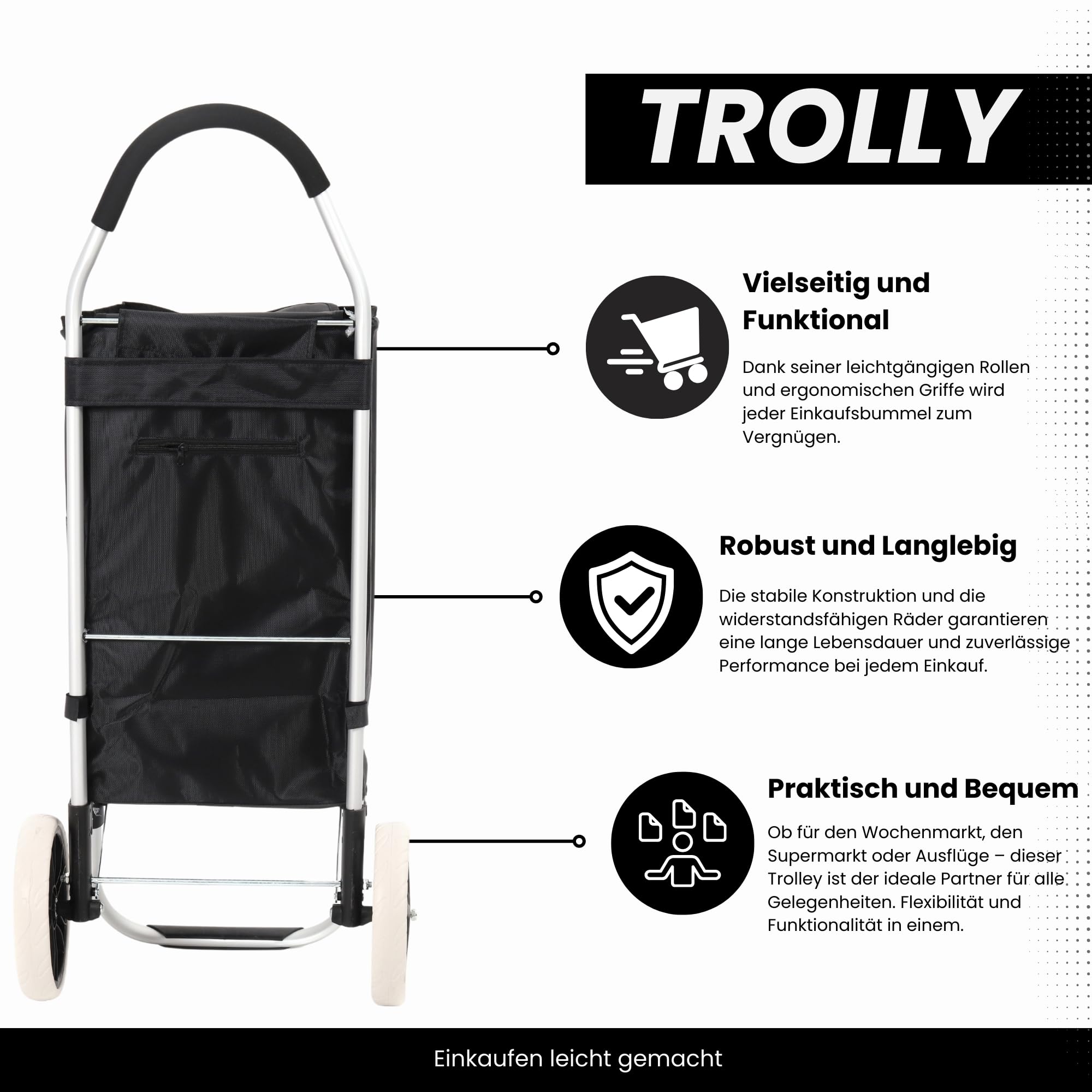 43.5Liter Aluminium Trolley Einkaufstrolley Klappbar, Shopping Trolley, Wasserabweisender Einkaufswagen Faltbar, Einkaufstasche mit 2 Rädern, Einkaufskorb mit Rollen, Groß - Schwarz