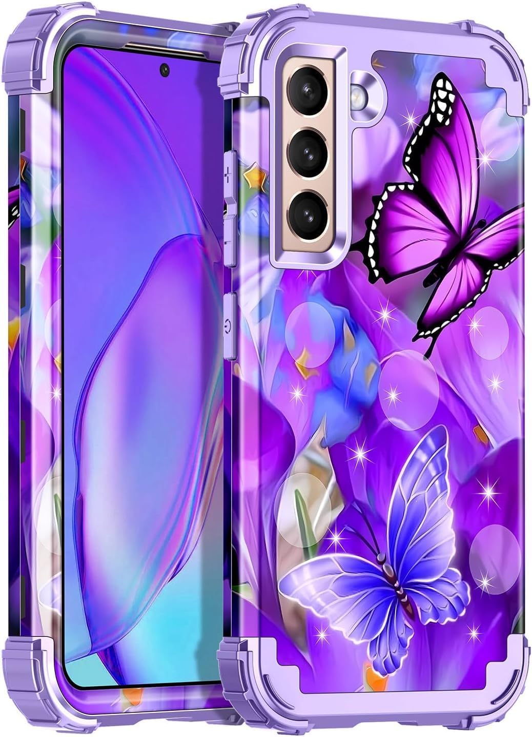 RancaseRancase Compatible with Galaxy S22 5G Case,Three Layer Heavy Duty Shockproof Protection Hard Plastic Bumper+Soft Silicone Rubber Protective Case for Samsung Galaxy S22 6.1 inch,Romantic Butterfly