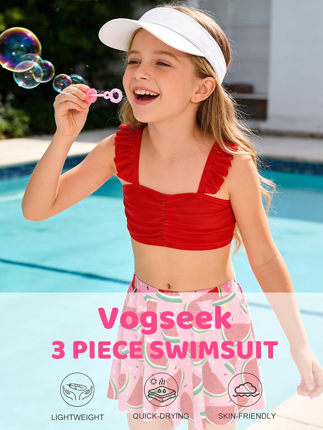 Vogseek Girls Swimsuit 3-8T Quick Dry Bathing Suit 3 Piece Bikini Sets with Cover Up Skirt Swimwear with Adjustable Strap