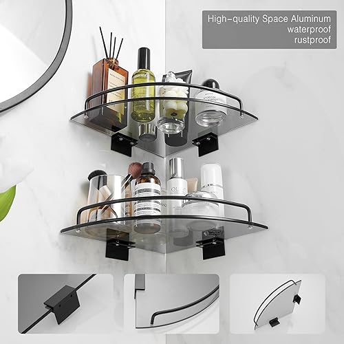 Miniatura 3 de Voldra Estante esquinero de vidrio para baño, estante de ducha de esquina negro con riel, organizador de esquina de baño, estantes de baño, montaje