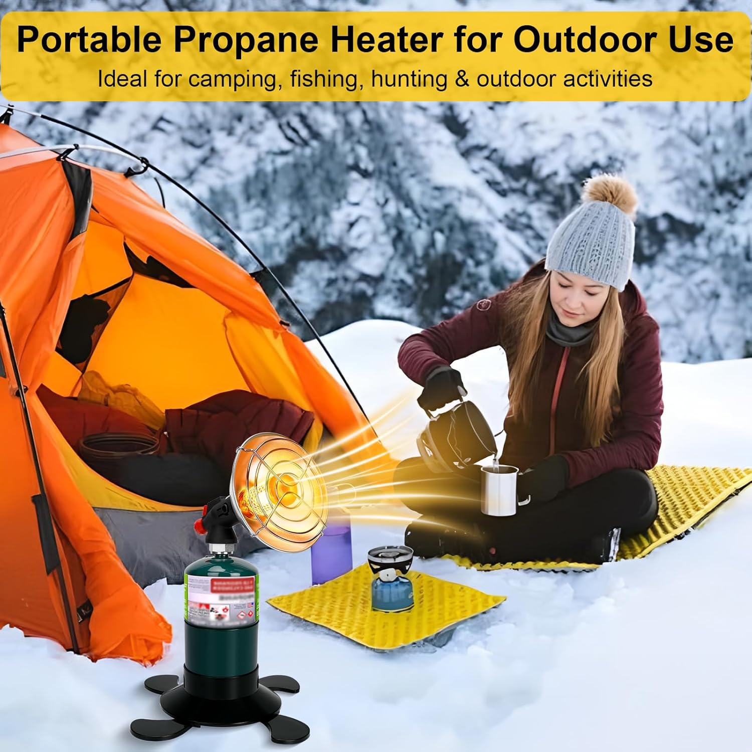 Portable Propane Heater for Camping, Cordless Outdoor Heater with Foldable Tank Holder Small Gas Heaters, Adjustable Radiant Camping Heaters for Tents, Patio, Winter Hiking, Ice Fishing & Hunting