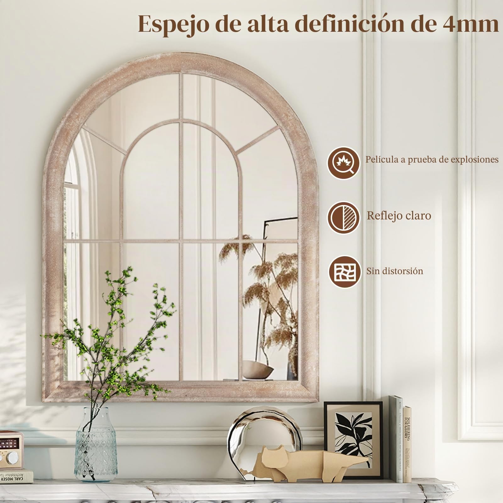 LIFEZEAL Espejo Decorativo arqueado de Pared, Espejo con Marco de Metal rústico y Cristal de Alta definición, decoración con Motivos de celosía para Sala de Estar, Dormitorio (69,5 x 3,5 x 88)