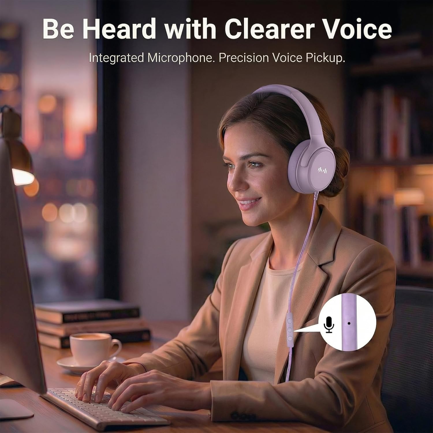 Wired Over-Ear Headphones with Microphone, USB-C Headphones with 3.5mm Adapter, Noise-Isolating Ear Cups, in-Line Controls for Work, Study, Music, and Travel(Purple)