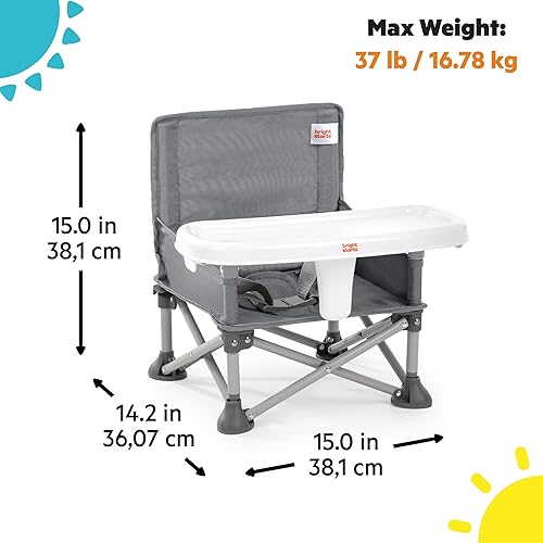 Miniatura 3 de Bright Starts Pop 'N Sit Booster portátil, uso en interiores y exteriores, asiento de suelo con bandeja de alimentación, gris, 6 meses - 3 años