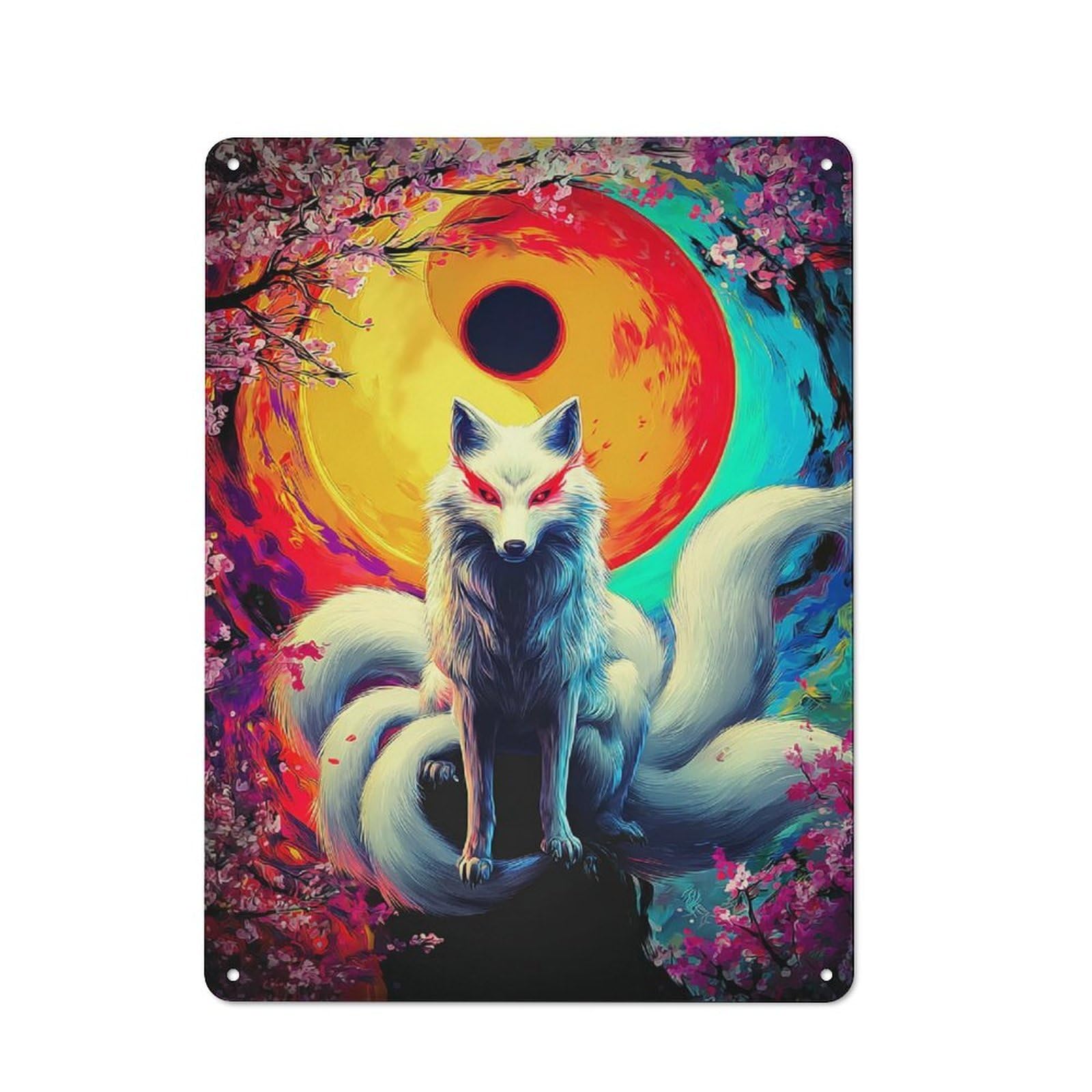 Junmoney Fox Spirit With Cherry Blossoms Classic Metal Plaque 40X30cm Featuring Bistro Wall Plaque For Kitchen, Cafe, Pantry Or Dining Room