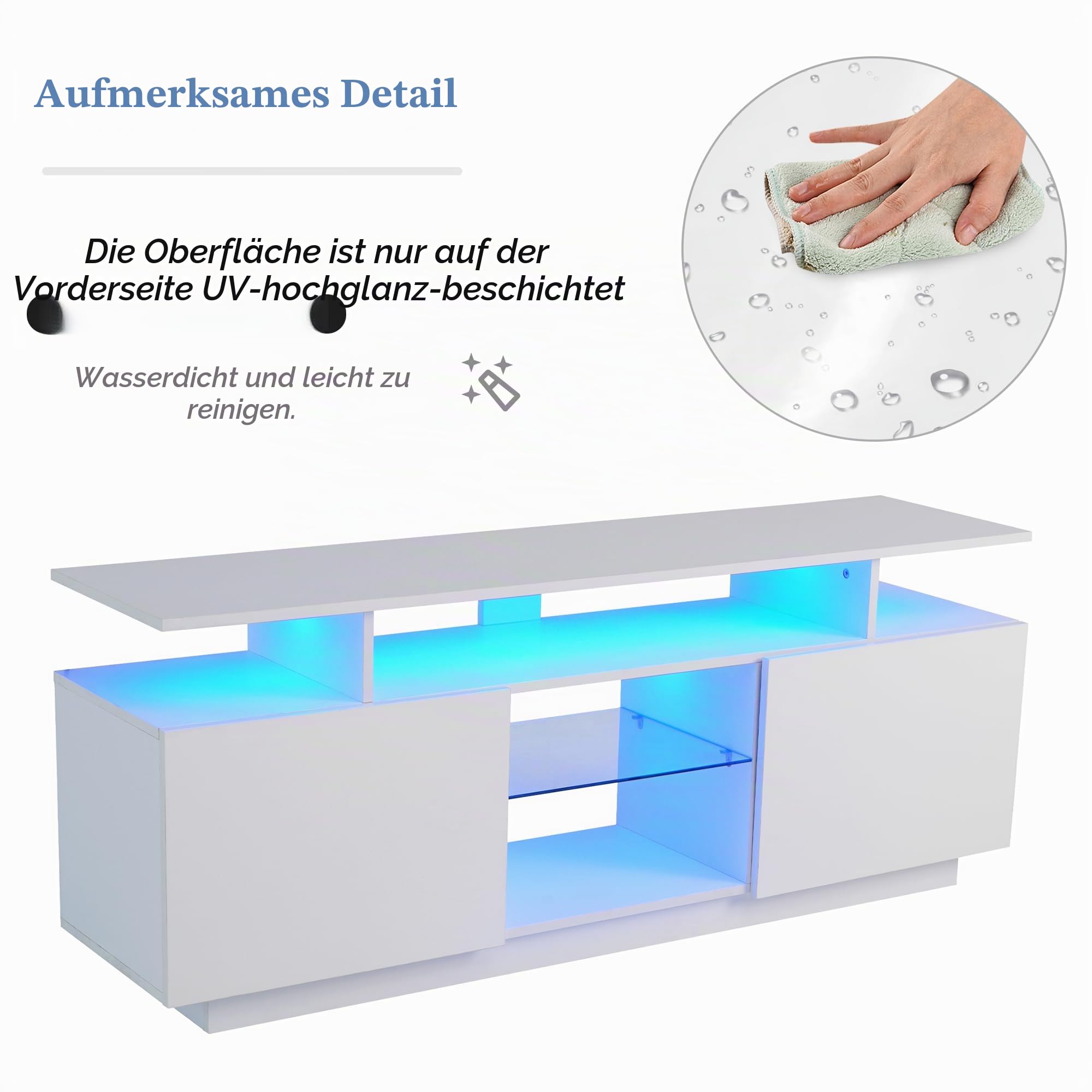 LAKFEW TV Schrank mit LED Leuchten, Lowboard Fernsehschrank mit 2 Türen und Glasfächer, TV Ständer Fernsehtisch Möbel bis zu 60 Zoll, Sideboard Wohnzimmer für Schlafzimmer, 140x35x55 cm, Weiß