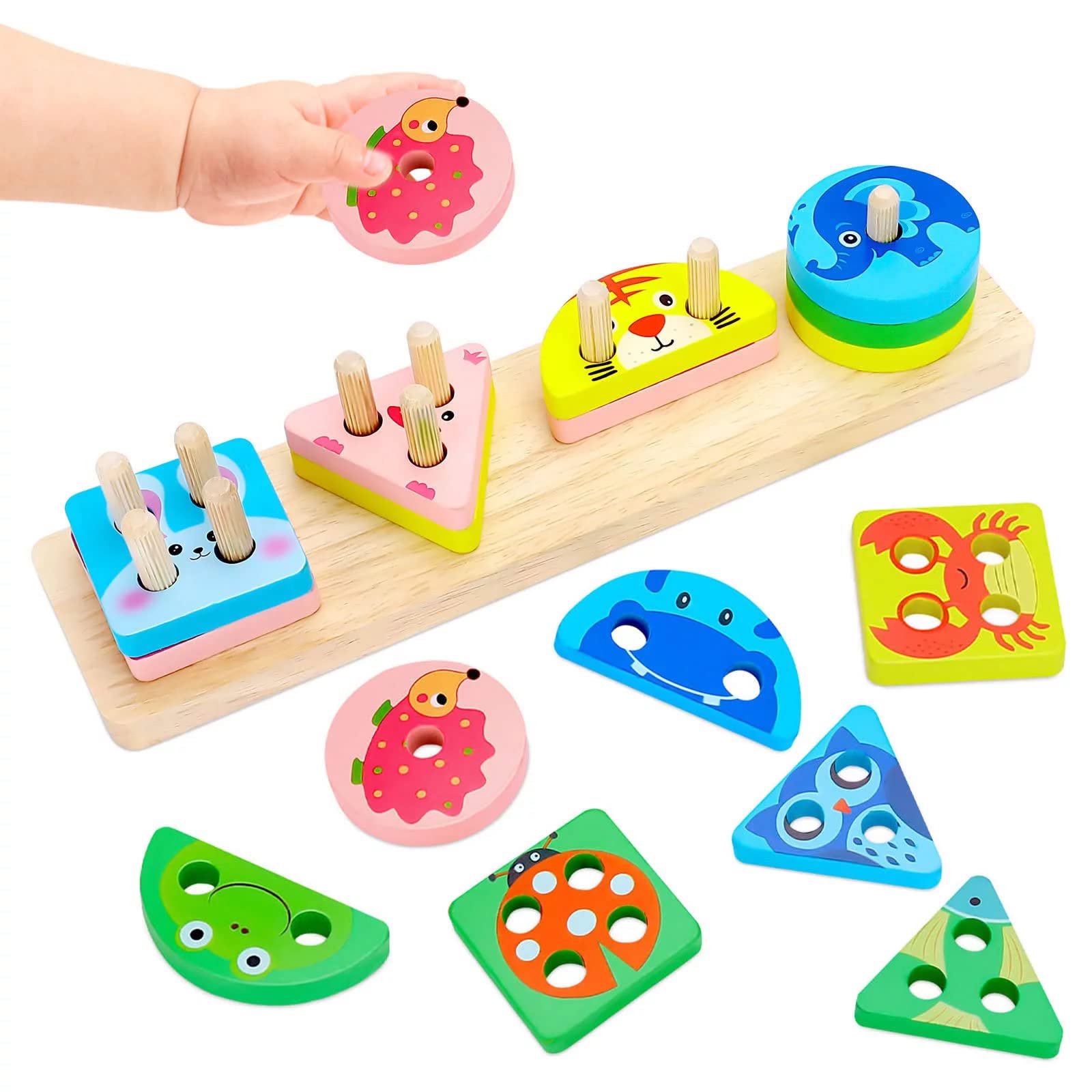 Montessori Toys - Wooden Sorting Stacking Toy for 1 2 3 Year Old Toddlers, Early Educational Toys for Color Recognition, Gifts for 1-3 Year Old Boys Girls