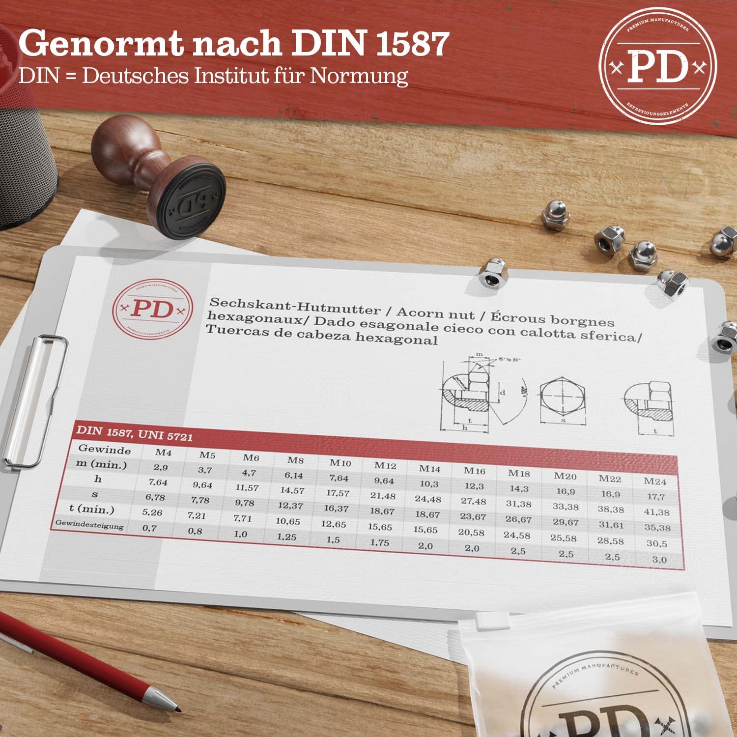 PD® Dadi a cappuccio M5 (DIN 1587), dadi a cappuccio in ottone di alta qualità, tappi di protezione, dadi a cappuccio in ottone in forma alta, per viti, barre filettate e bulloni filettati, 15 pezzi