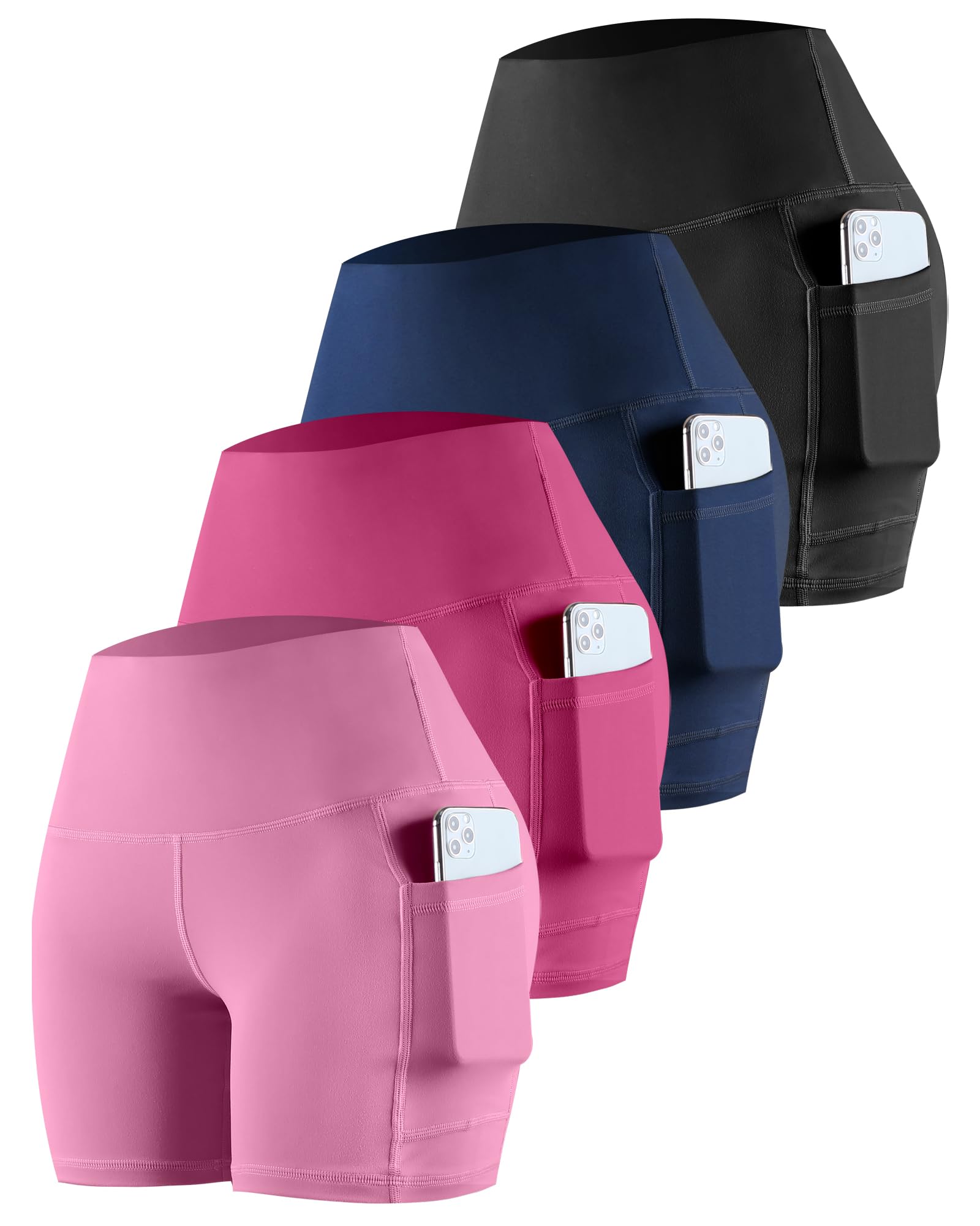 CHRLEISURE Womens Biker Yoga Shorts with Pockets: High Waisted Tummy Control Spandex Workout Athletic Gym Shorts 4 Packs