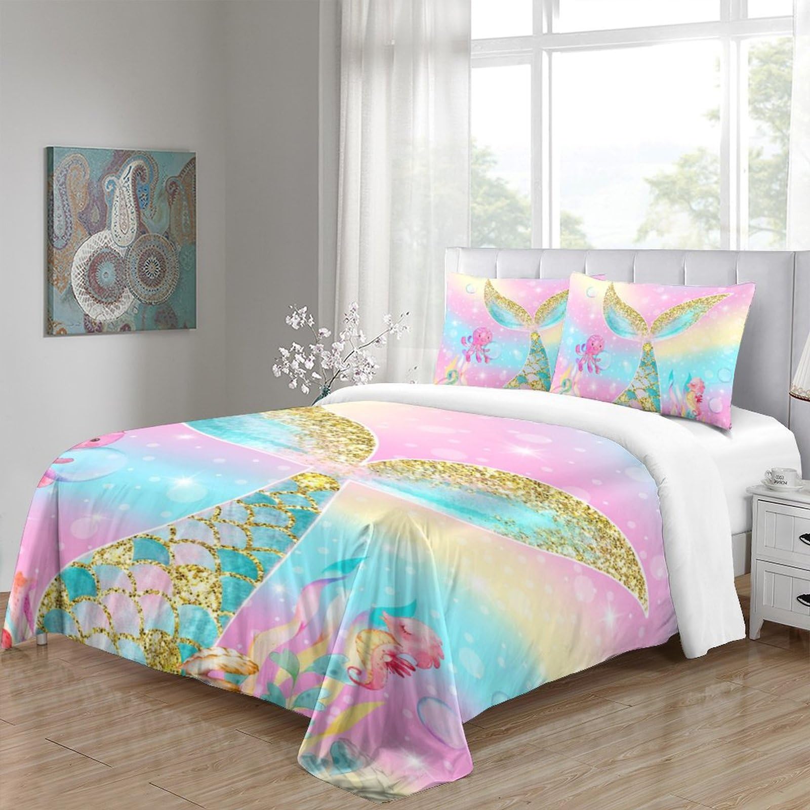 HAVOP Mermaid Duvet Cover Set Double Size Girls Bedding Set Pink Sparkle Tail Quilt Cover Set Soft Microfiber Comforter Cover Set including Pillowcases Kids Girls Bedding Set - Image 3