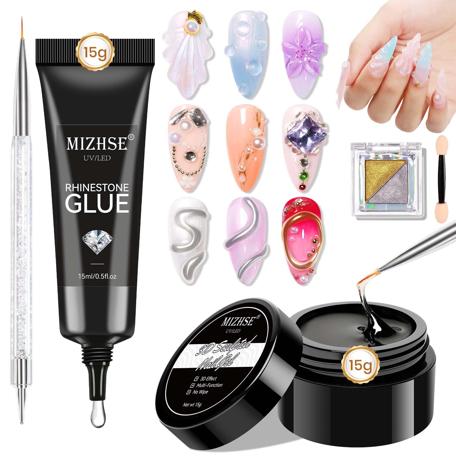MIZHSE 3D-Skulptur Gel mit Chrome Powder, 2 x 15g Clear Rhinstone Glue für Nageldesign - Silber/Gold Mirror Effect, 5D-Geprägtes Carving Art