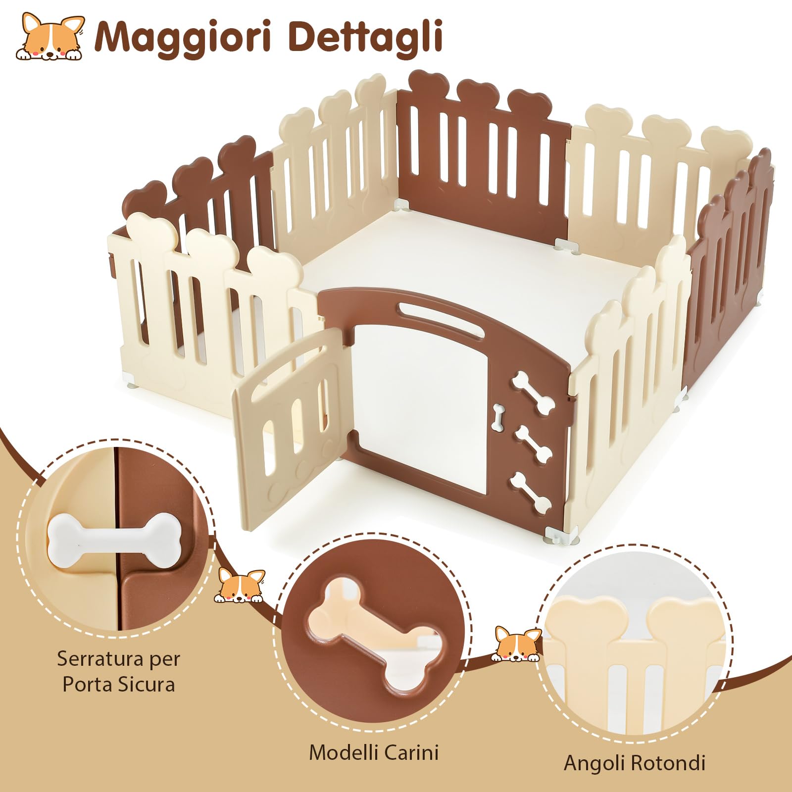 COSTWAY Recinto per Animali con 8 Pannelli, Cancelletto per Cani e Cognigli in HDPE con Porta, Chiusura e Angoli Sicuri, Cancello per Animali da Interno ed Esterno (Marrone e Beige)