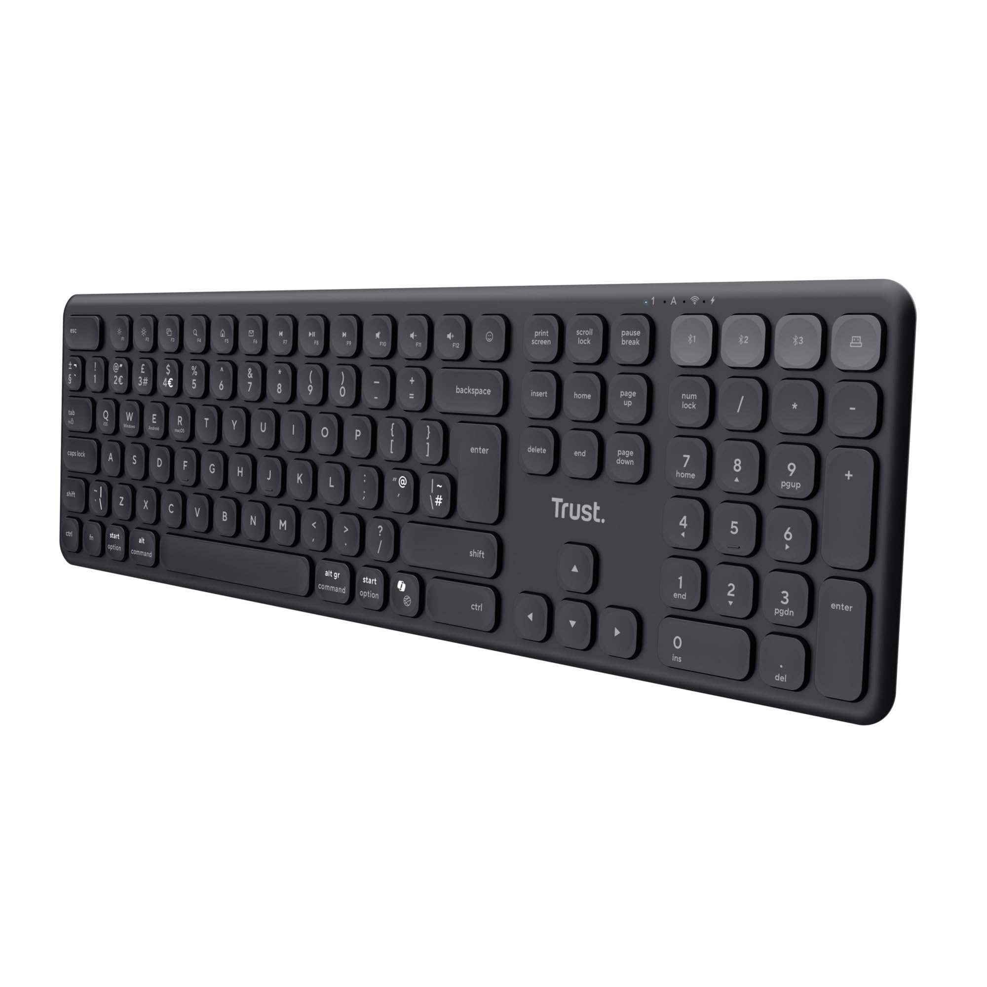 Trust Vaiya Wireless Keyboard Bluetooth + 2.4 GHz QWERTY UK Layout, Multi-device Bluetooth Keyboard with Numpad, Rechargeable Battery, 55% Recycled Plastics, Windows iOS iPadOS macOS Android, Black
