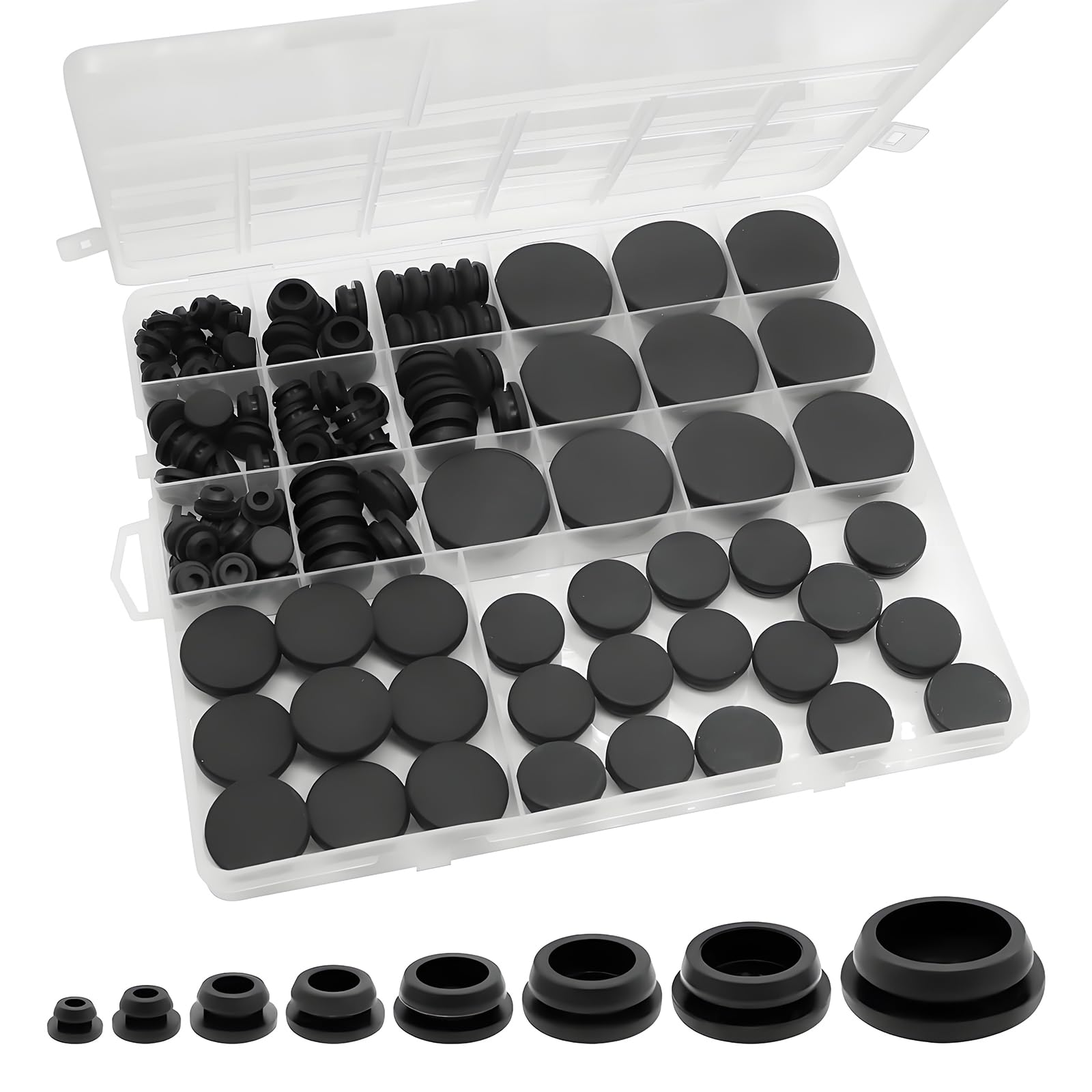 125Pcs Rubber Grommets for Holes, Black Rubber Plug with Box, 8 Sizes of Waterproof Flexible Silicone Stopper Rubber Grommets for Round Holes Suitable Car Wiring Furniture Faucet Pipe Hose Repair