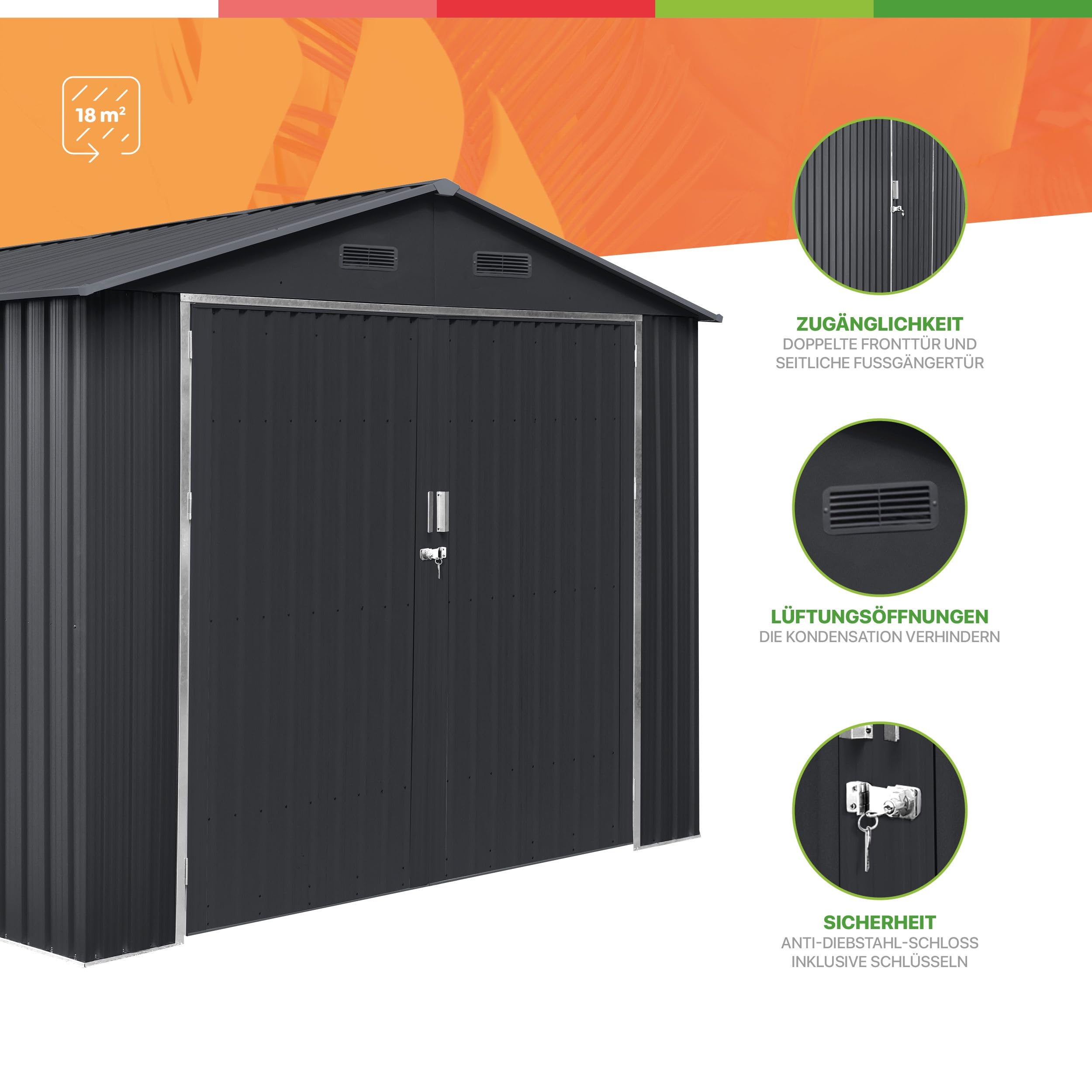 Garaje Metalico Tonsberg 18m2 – 602x300x232cm – Resguardo Exterior para Coche - Cierre de Seguridad con Llave - 4 Rejillas Anticondensación - Puerta Amplia - Cochera Cobertizo Jardín Almacenaje