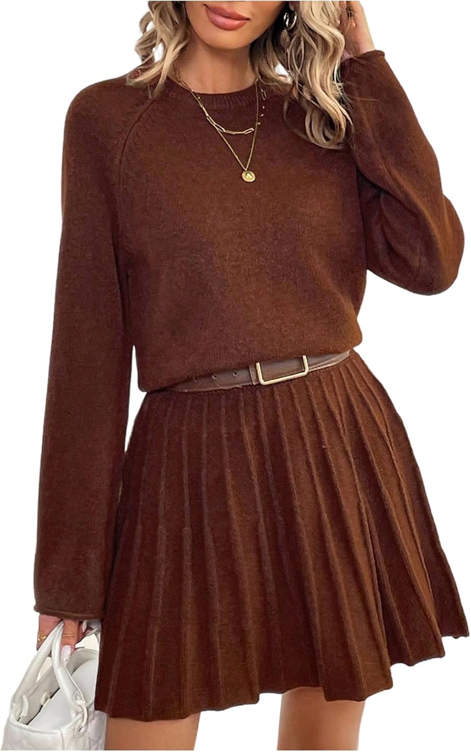 Verdusa Women's 2 Piece Cozy Sweater Sets Pullover Sweaters with Pleated Skirt Early Fall Outfits