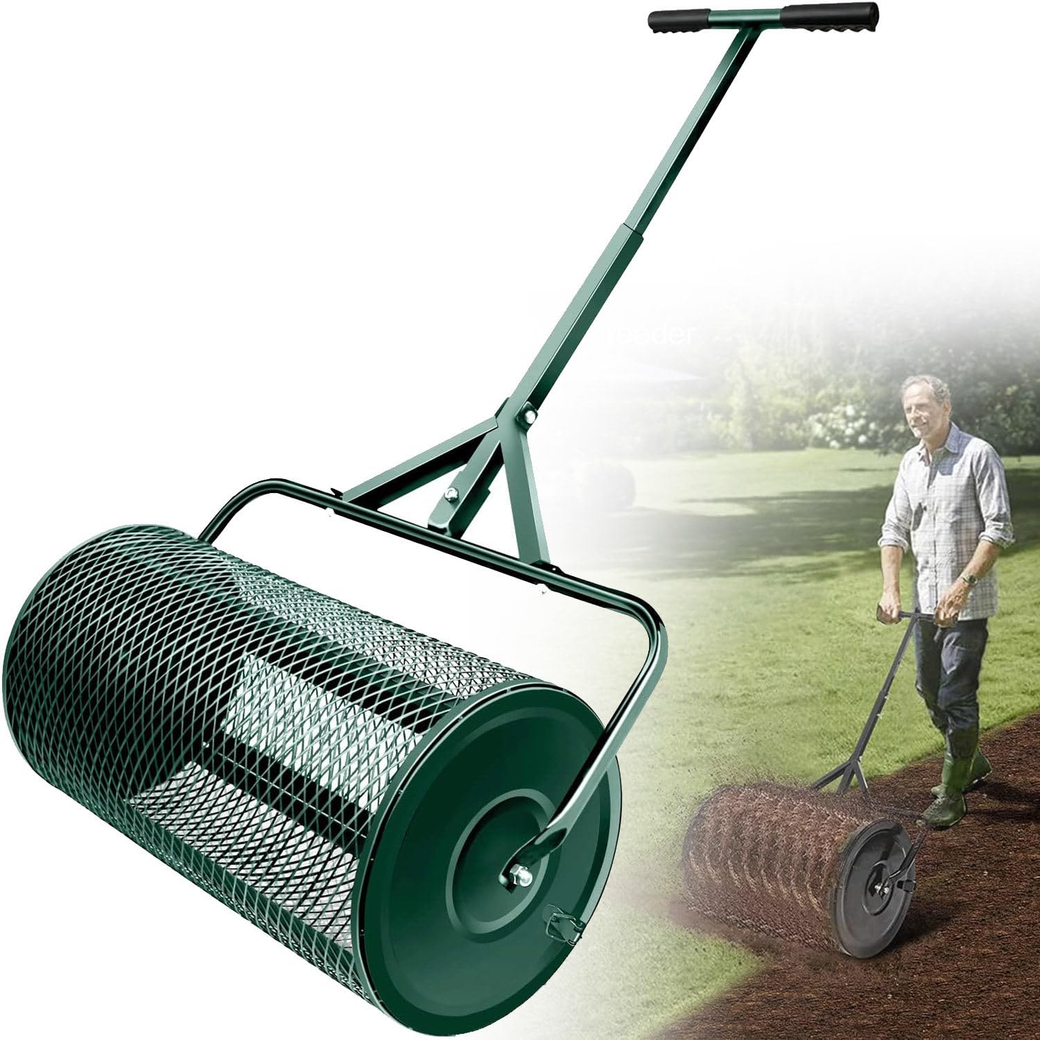 Esparcidor de abono, esparcidor de turba con mango ajustable en forma de T, esparcidor de malla metálica para césped y jardín, esparcidor de estiércol antioxidante para plantar y sembrar,Green
