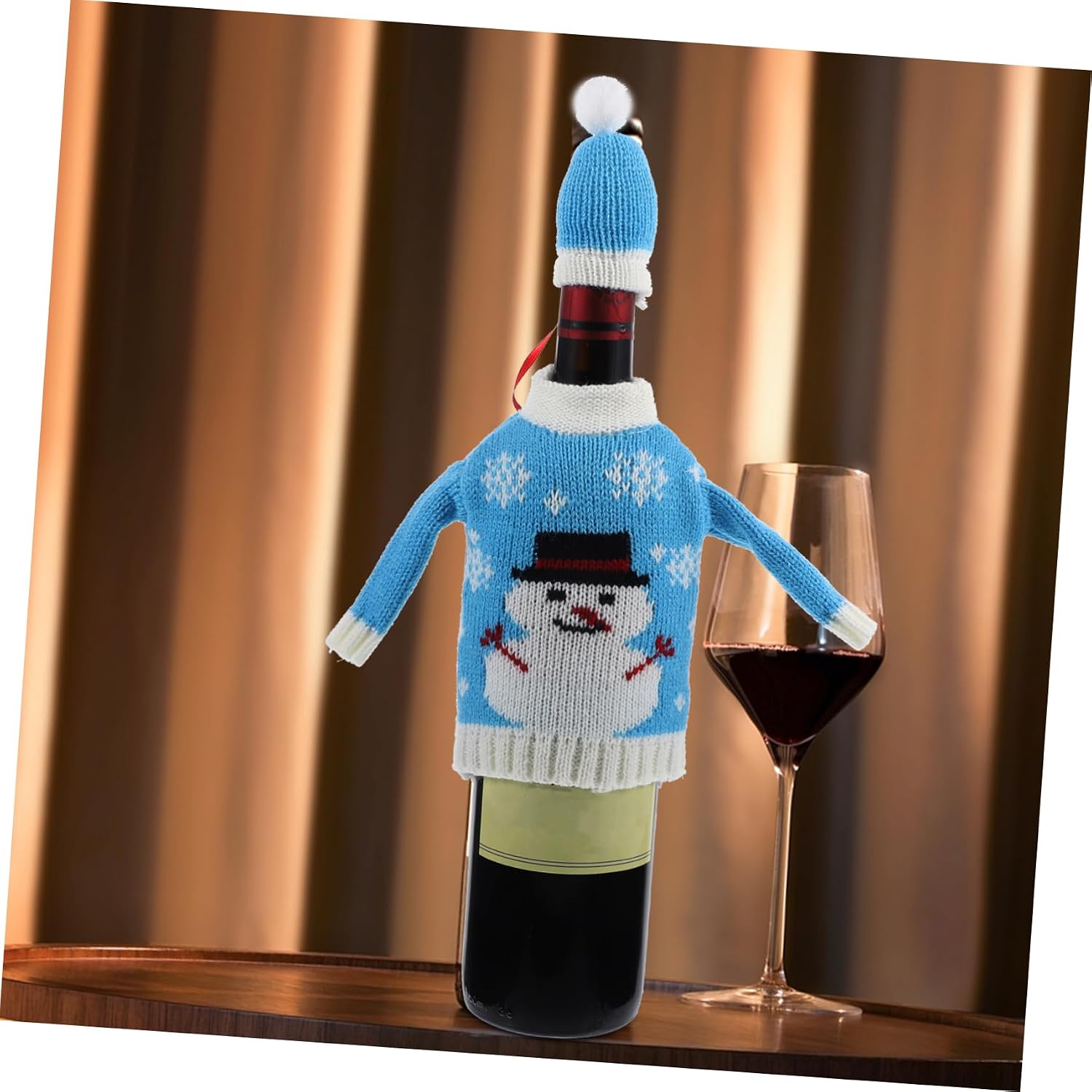 Xmas Decorative Wine Bottle Hat Clothing Set, Blue Cloth Red