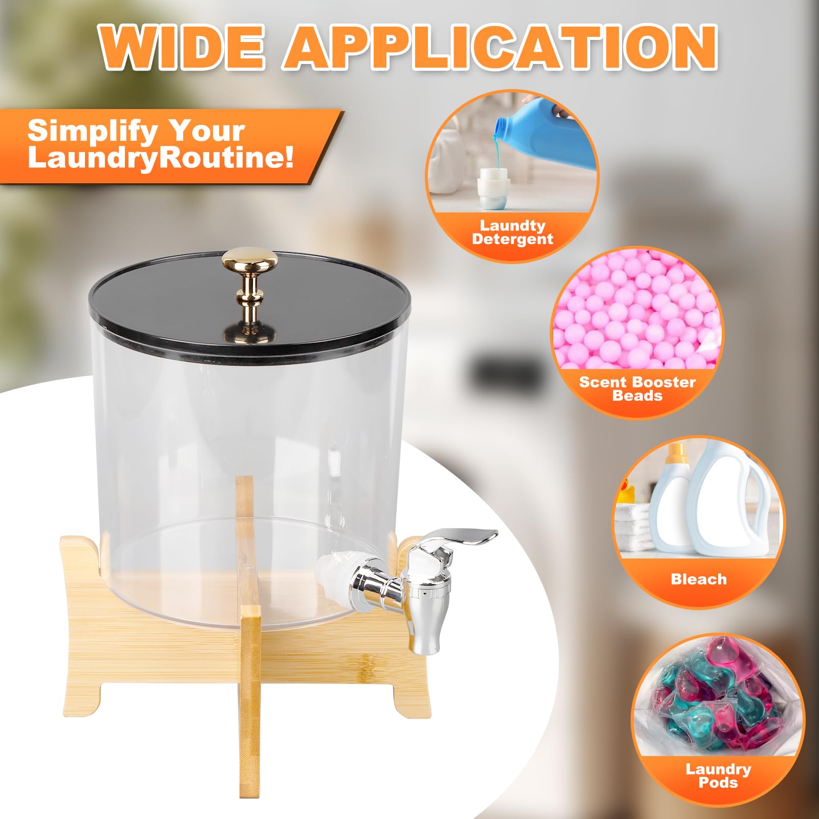 Płynny detergent w wylewie, 2,5L Pod do przechowywania z drewnianym stojakiem Wielokrotnego użytku wylew do detergentu w płynie z kranem i pokrywkami do wybielacza, środka do płukania i