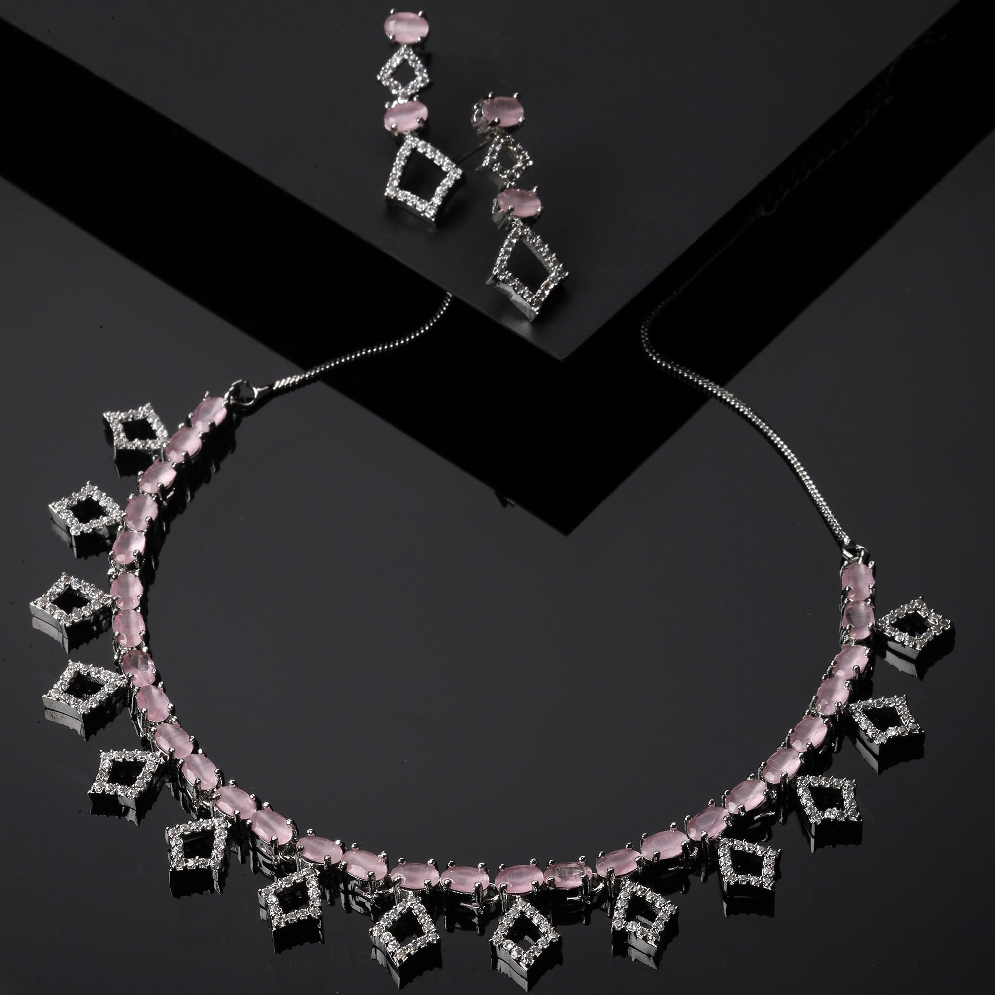 Rhodium-Plated Rectangle Shape AD Necklace Earring Set