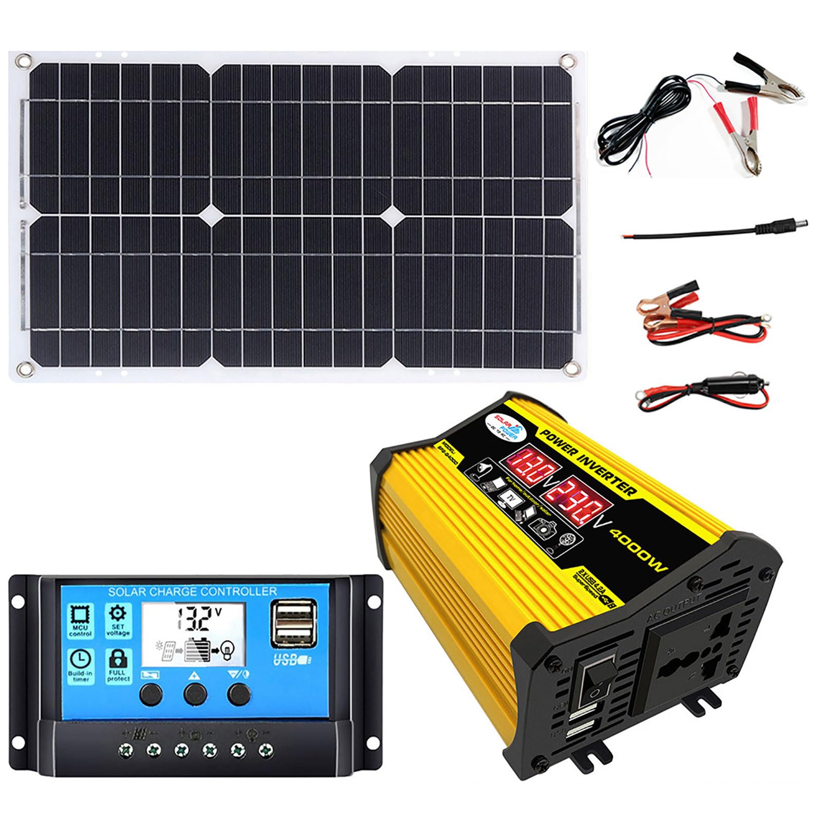 MIIZOO 4000 W Solar Inverter Kit for Motorhomes, Boats, Cabins and Homes with 18 W Double Monocrystalline Panels, 30 A Charge Controller and Pure Sine Wave (Unique Colour)