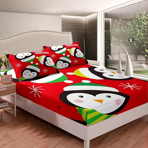 Miniatura 4 de Juego de sábanas de Feliz Navidad, tamaño King, diseño de pingüinos de dibujos animados, animales árticos, decoración de habitación de niños y
