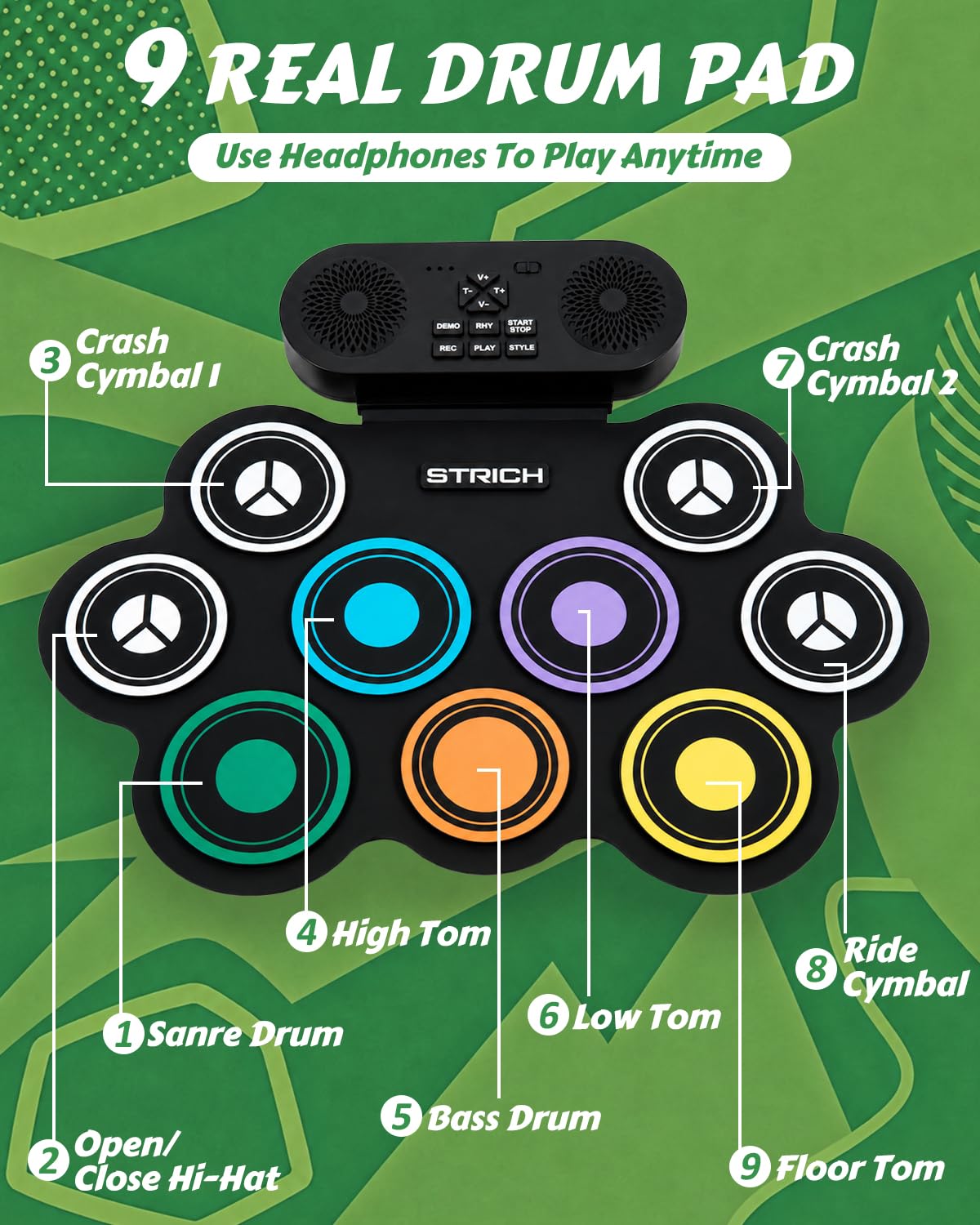 STRICH Set de Batería Electrónica, Almohadilla de Práctica de Batería Enrollable de 9 Pads, Pad de Batería Eléctrica Portátil con Altavoz Integrado, Pedales y Baquetas, 10 Horas de Uso (SED-K10)