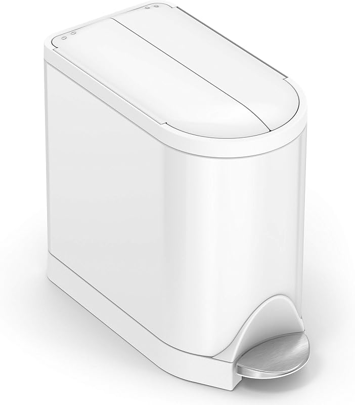 Bote con escalón Butterfly, Bote de basura compacto para baño de 10 L / 2,6 galones, espacio libre bajo en la tapa, perfil delgado, pedal de 150,000 pasos, tapa Shox® con cierre silencioso, acero blanco