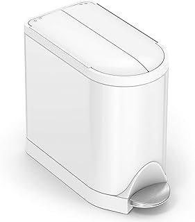 simplehuman Butterfly Step Can, 10L / 2.6 Gallon Compact Bathroom Trash Can, Low Lid Clearance, Slim Profile, 150,000-Step Pedal, Lid Shox® Silent Close, White Steel