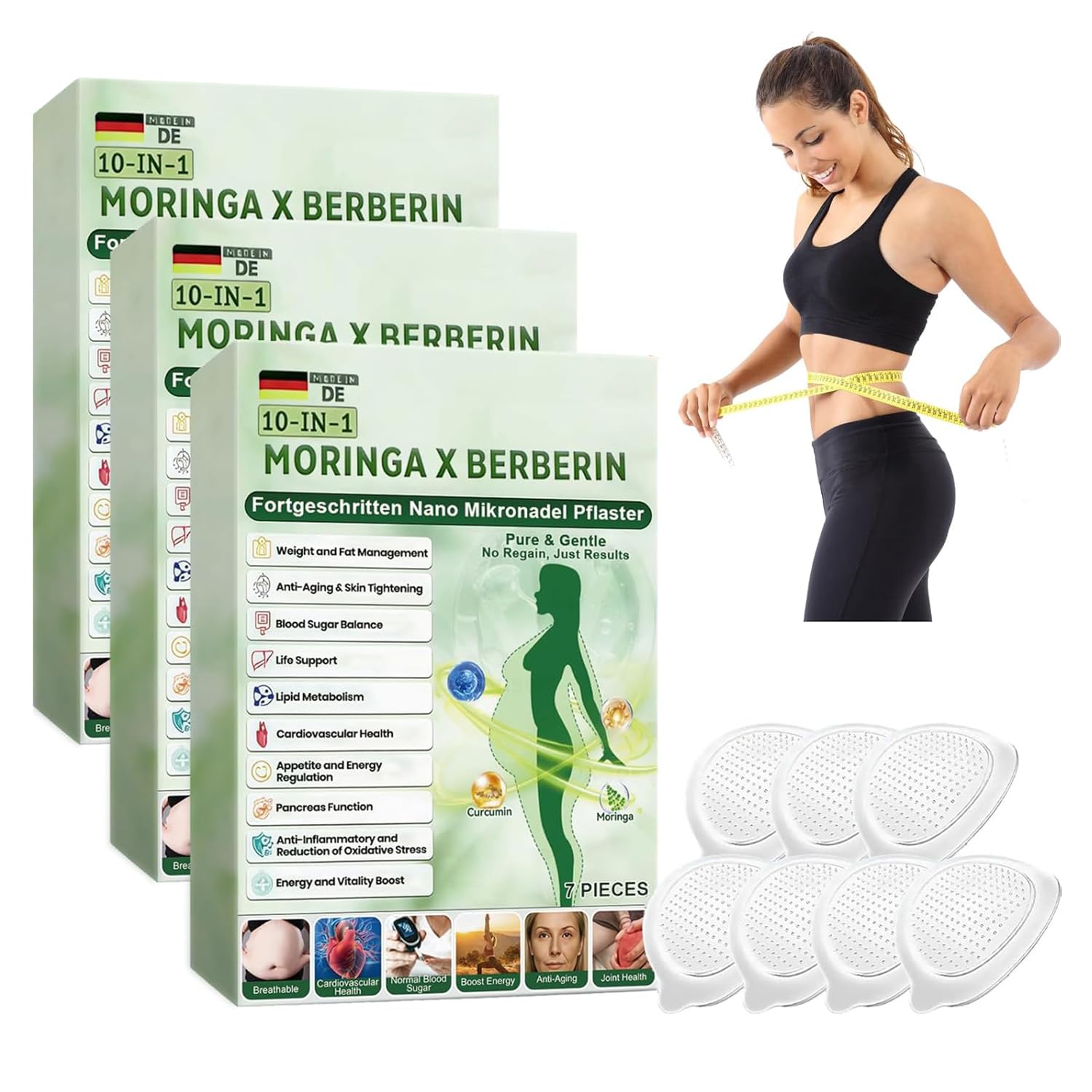 21Stück Moringa NAD+ 10-in-1 Nano-Mikronadel-Patch,2026 Neu NatürlicheMoringa Berberin Pflaste,diskretes Nano Mikronadel Pflaster für Empfindliche Haut Geeignet und Alle Körpertypen ﻿