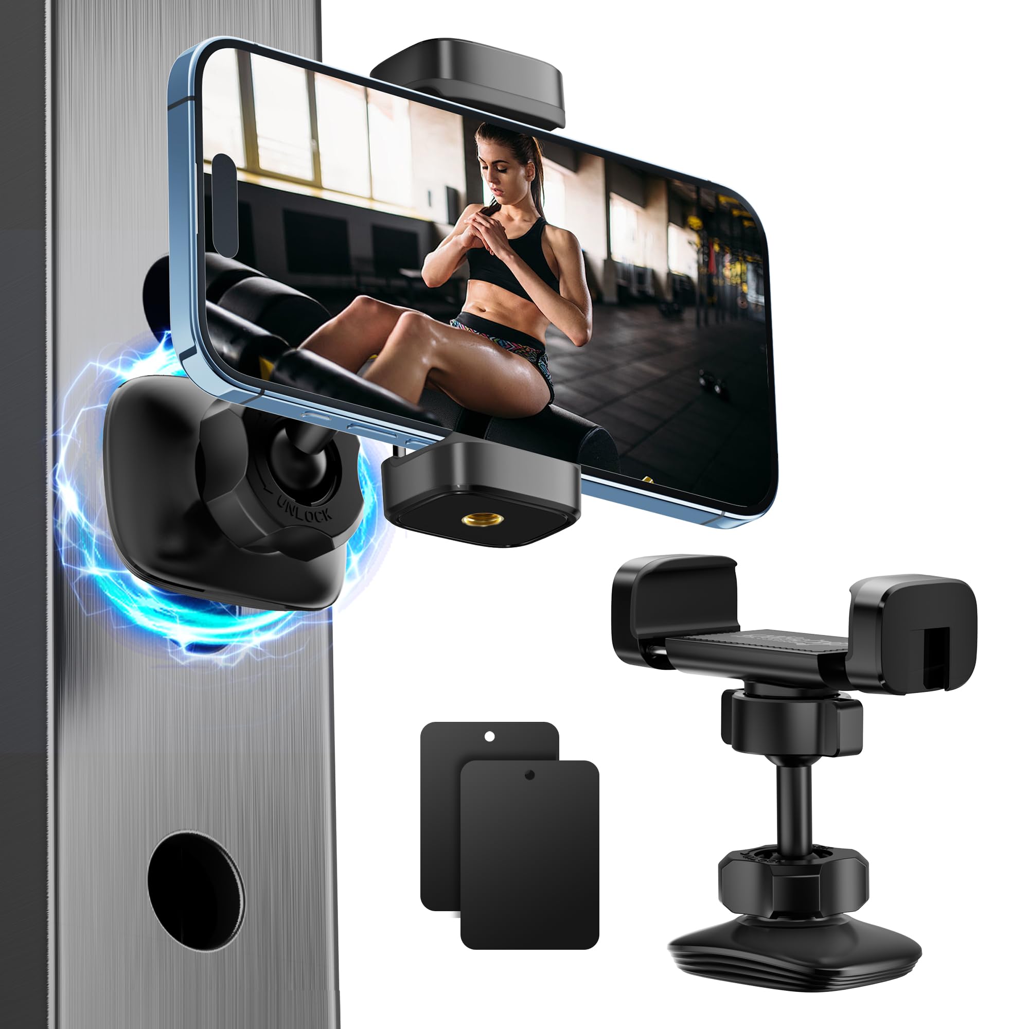 gliship Gym Magnetic Phone Holder Portable Magnetic Phone Holder Phone Mount Gym Essentials Accessories 360 Adjustable Dual Ballhead