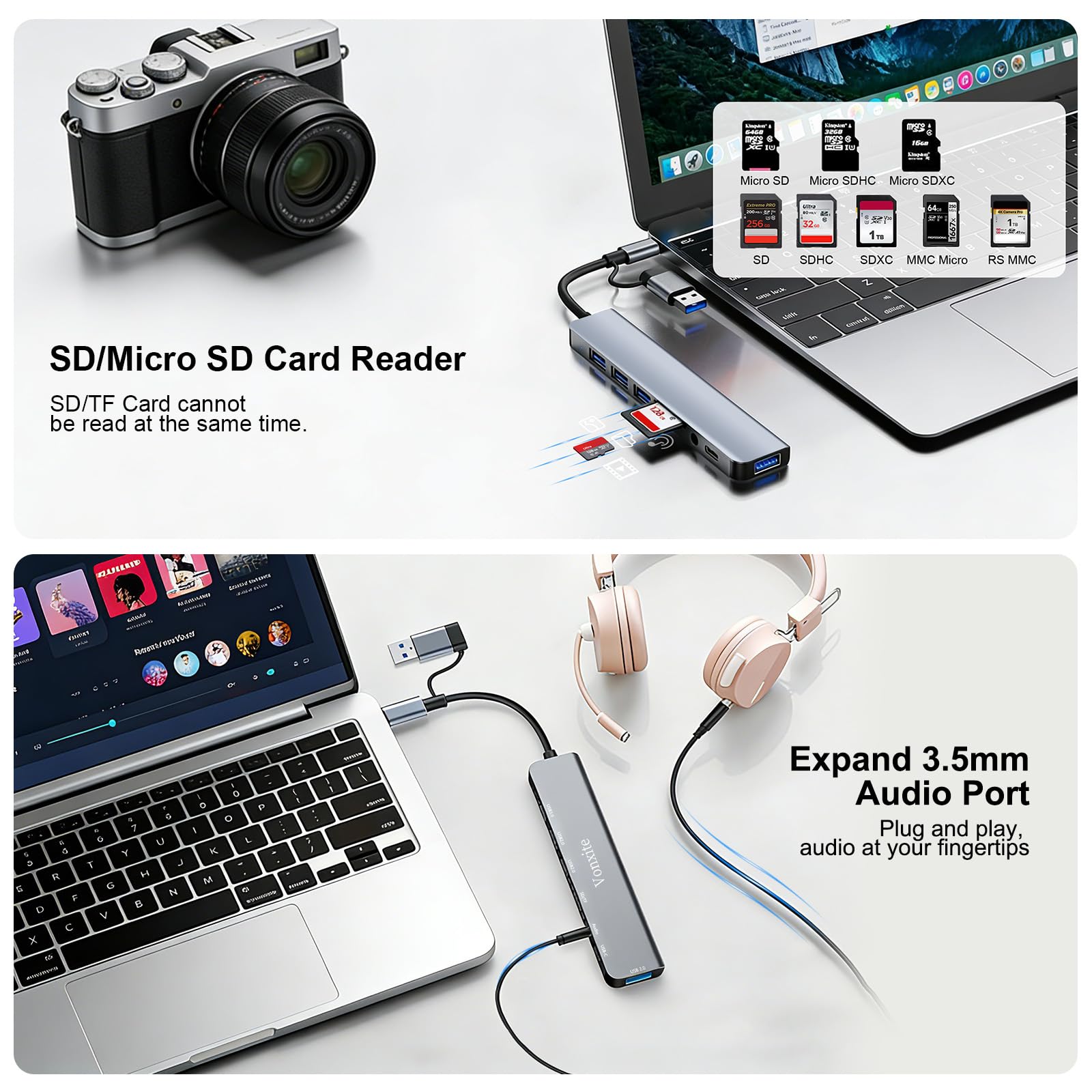 USB C Hub, 8 in 1 USB Hub 3.0 Multiport Adapter mit 1*USB 3.0 mit 5 Gbit/s, 3*USB 2.0, 1*USB-C, 3.5mm Audio, SD/TF Kartenleser, USB C Splitter Aluminium für MacBook/Surface/XPS/PC/Laptops/Tablet etc. - 4