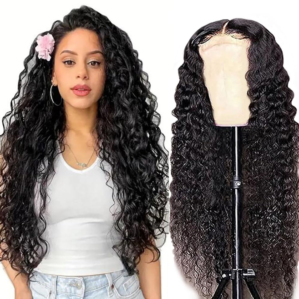 Pelucas Cabello Humano Glueless Wig Human Hair Wig Deep Wave Natural Hairline Natural Black 4x4 Lace Unprocessed Virgin Remy Hair for Women Minimal Smell 30 Inch