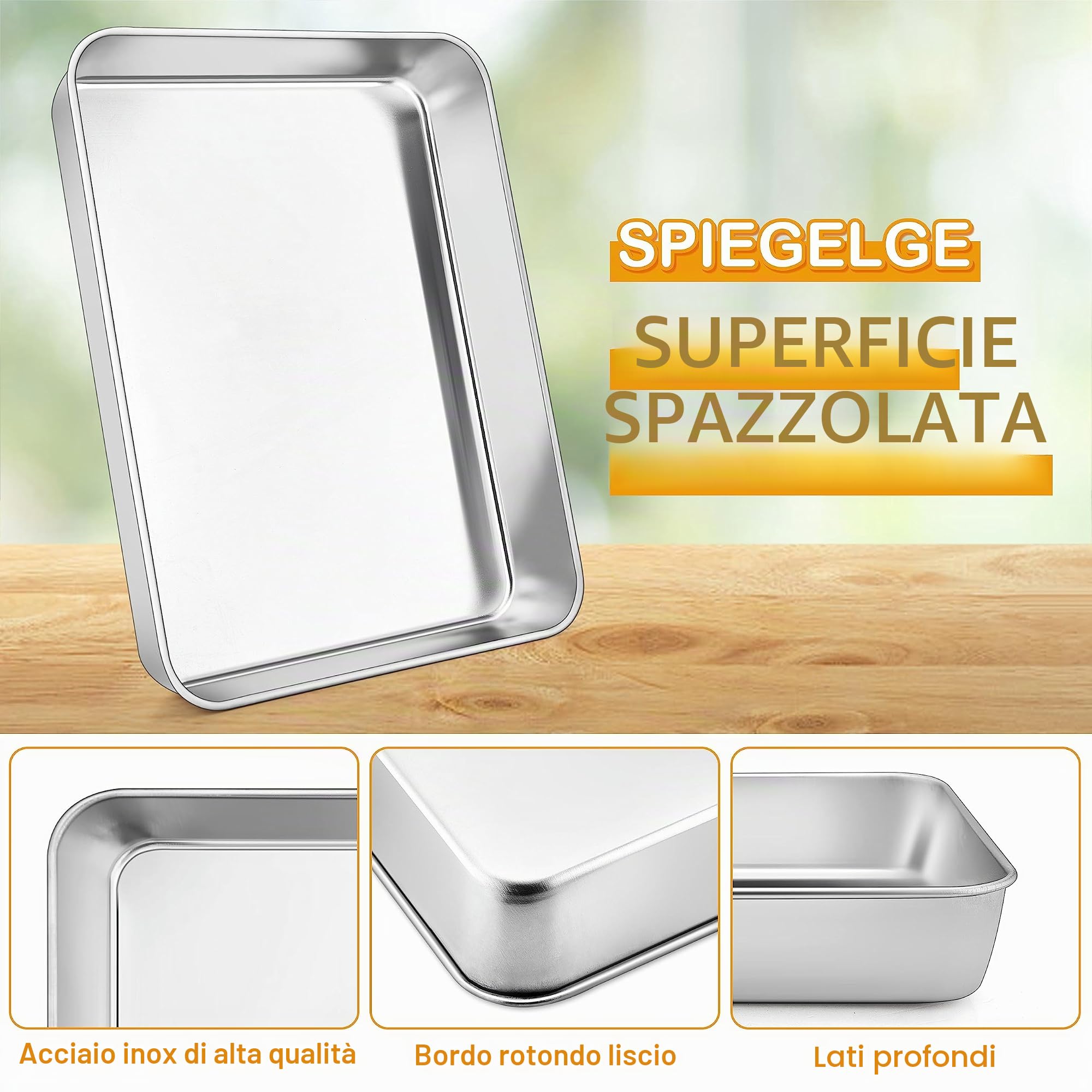 Homikit Teglia da forno in acciaio inox, grande teglia da forno, set da 2 pezzi, rettangolari, con profondità di 5 cm, per cuocere, arrostire, lucidata e lavabile in lavastoviglie, 31,6 x 24,7 x 4,8