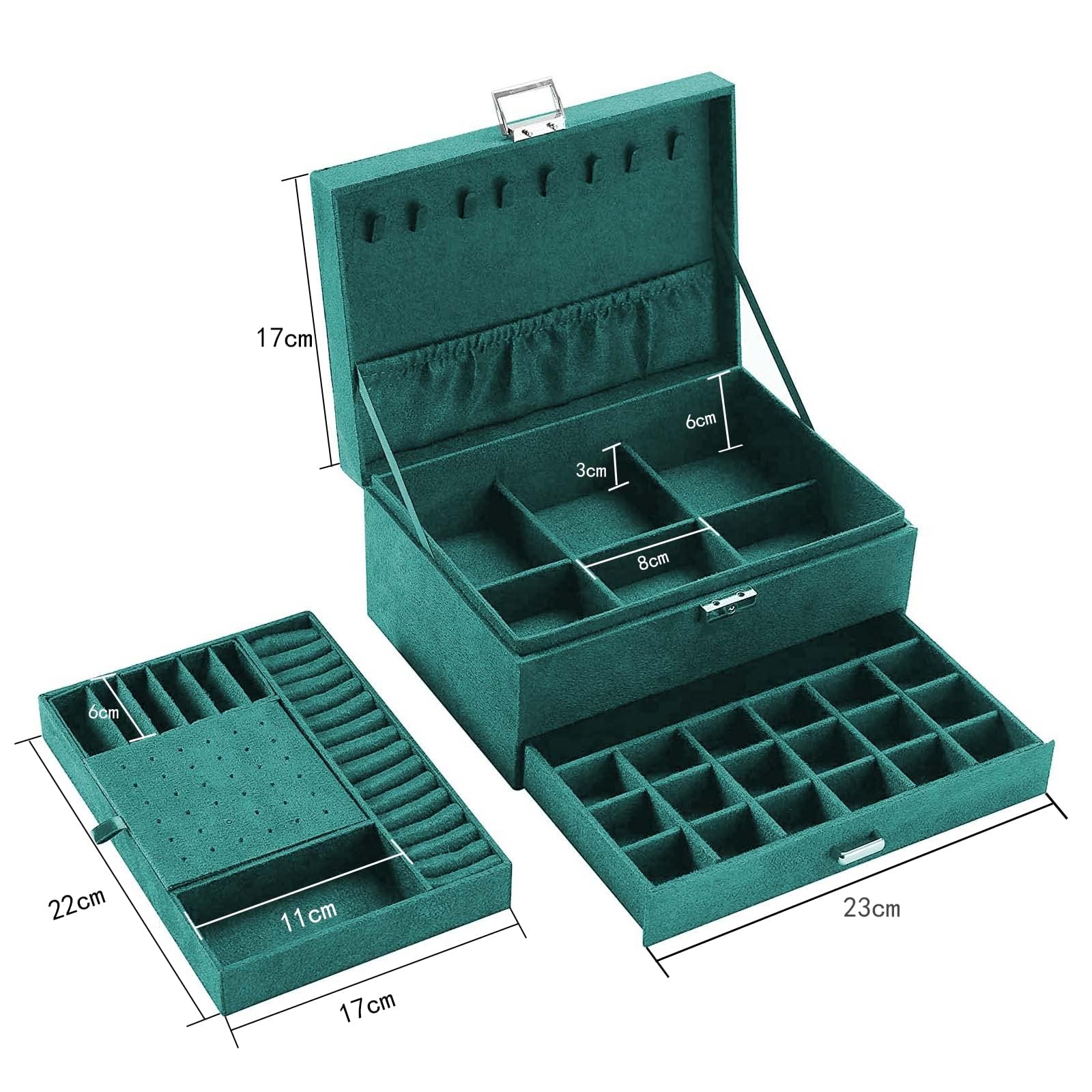Withosent Boîte à bijoux en velours avec 2 niveaux - Pour femme - Pour bagues, boucles d'oreilles, colliers et montres - Avec serrure et clé - Vert foncé