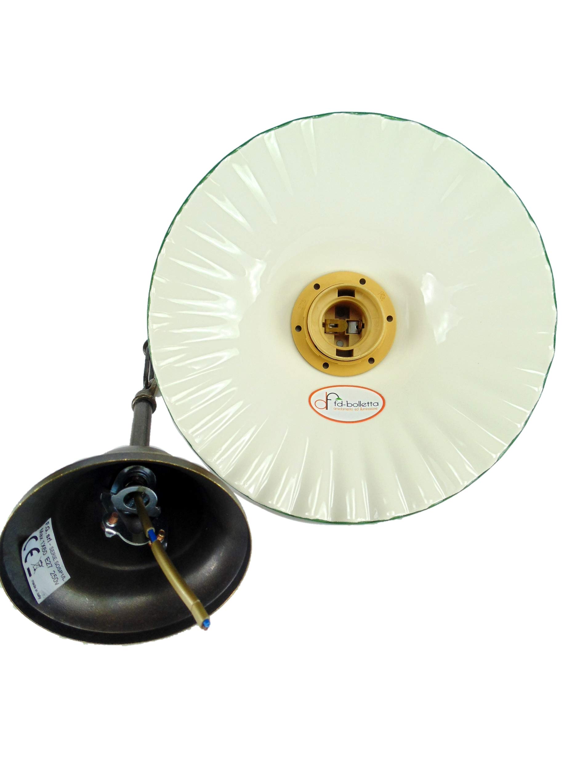 Lampadario sospensione,lampada ottone da soffitto,paralume ceramica bordo verde,illuminazione per interni l1046 Misure:H 70cm,Ø vetro 19cm
