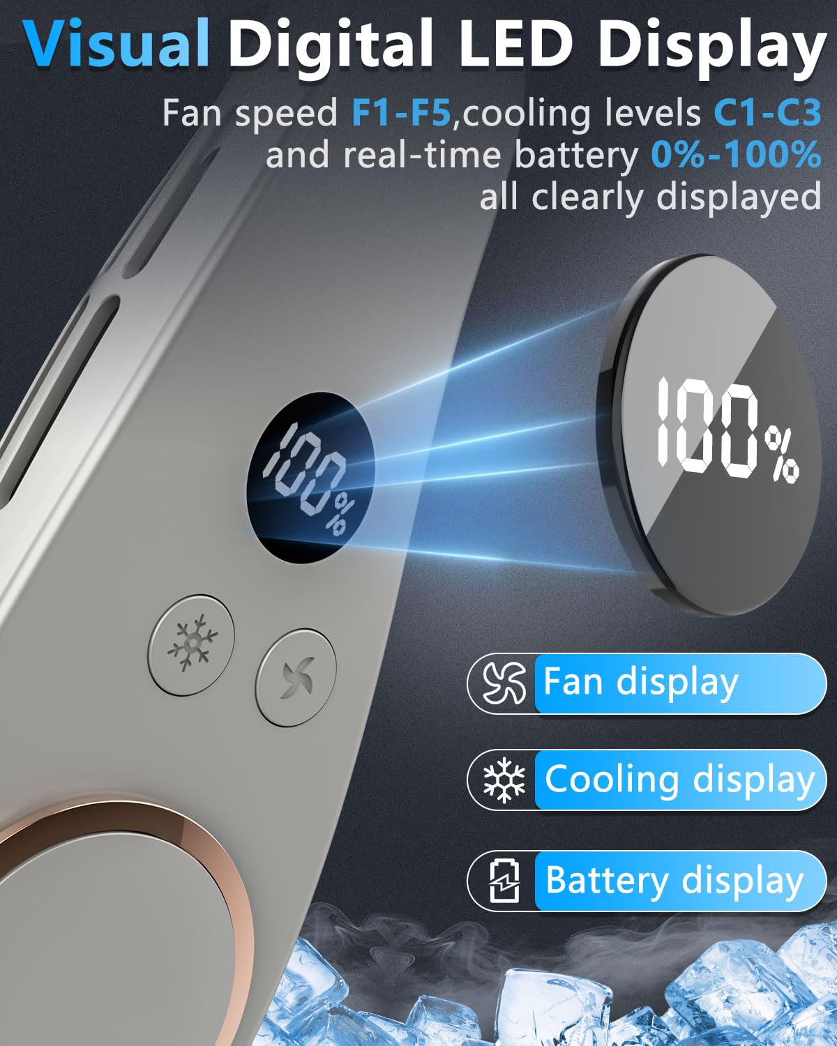 Ventilador de cuello con placa de refrigeración, pantalla LED de 5 velocidades y potencia, ventiladores potentes silenciosos de 24 horas que soplan aire frío, USB de 5500 mAh, enfriador de CA