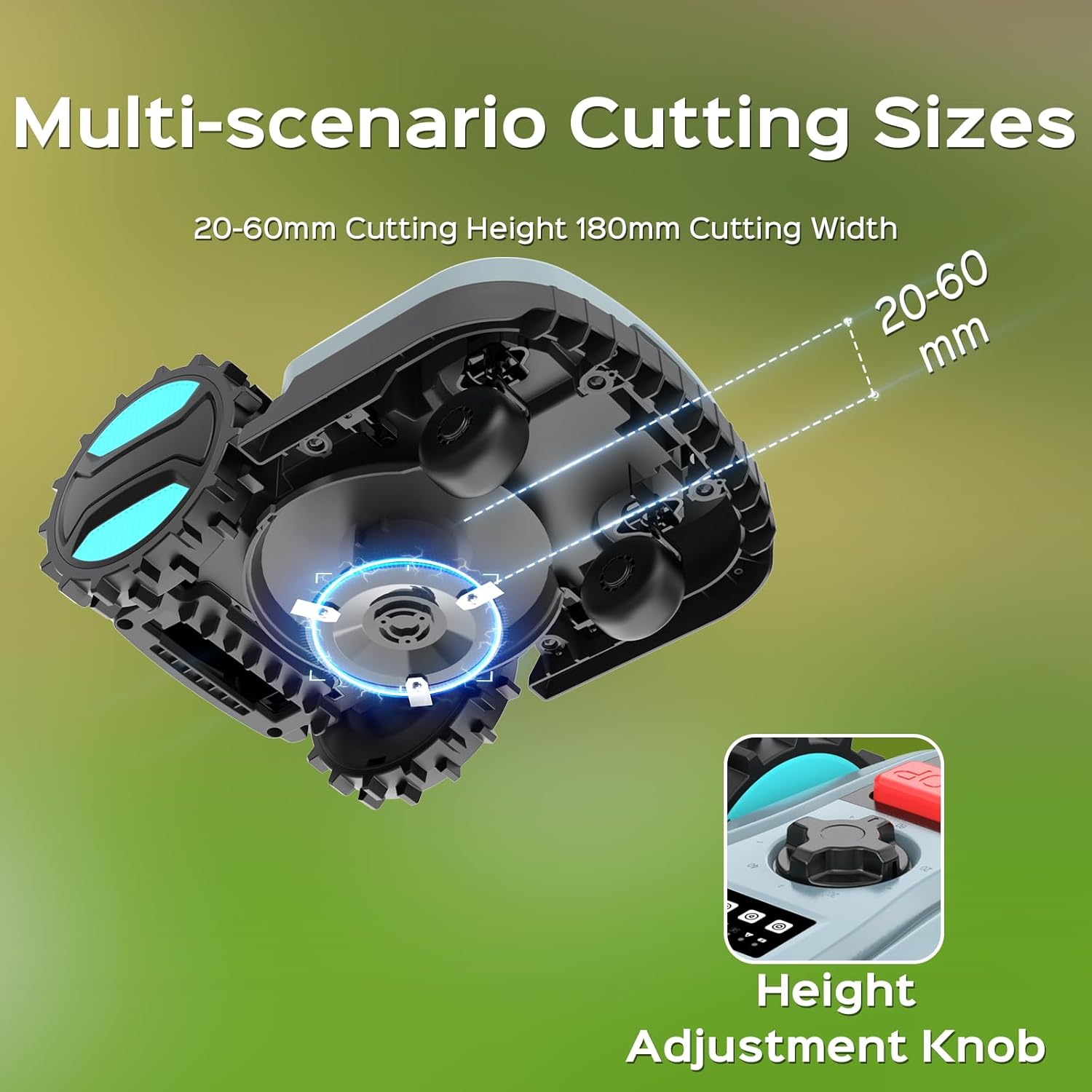 Primer pla del botó d'ajust de l'alçada de tall i les fulles de la tallagespa robòtica