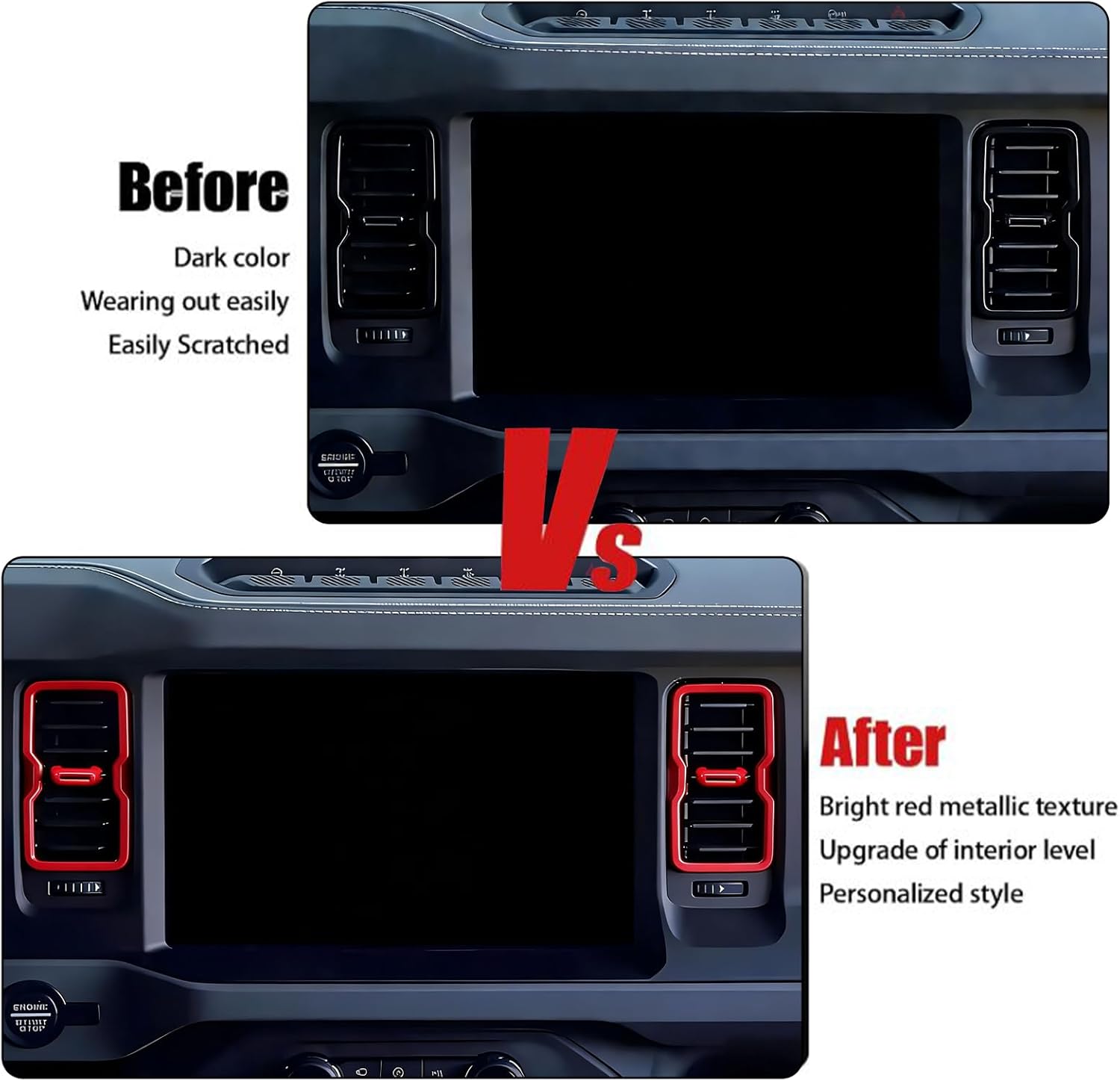 for 2021-2025 Ford Bronco Air Conditioning Vent Adjustment Trim and Center Console Dashboard Vent Side Ring Covers 4 Pack Red