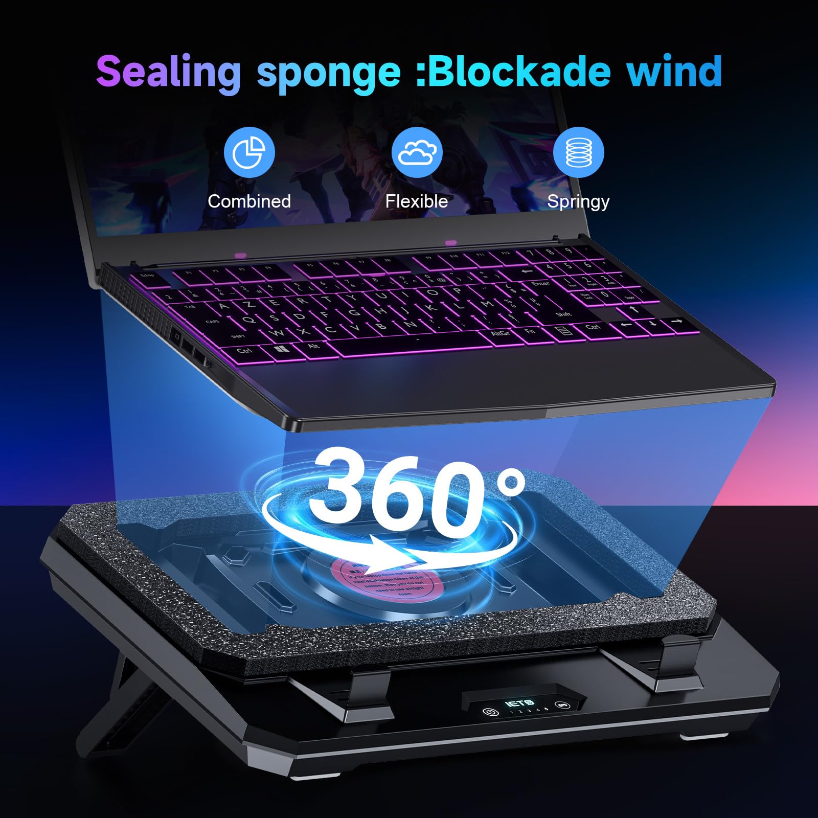 IETS GT300 Laptop-Kühlpad mit verstellbarem Ständer, Turbo-Kühler für schnelle Kühlung, 25,4–43,2 cm (10–17 Zoll) Gaming-Laptop, Flexibler Dichtungsring, mit Verstellbarer Luftfilterklemme