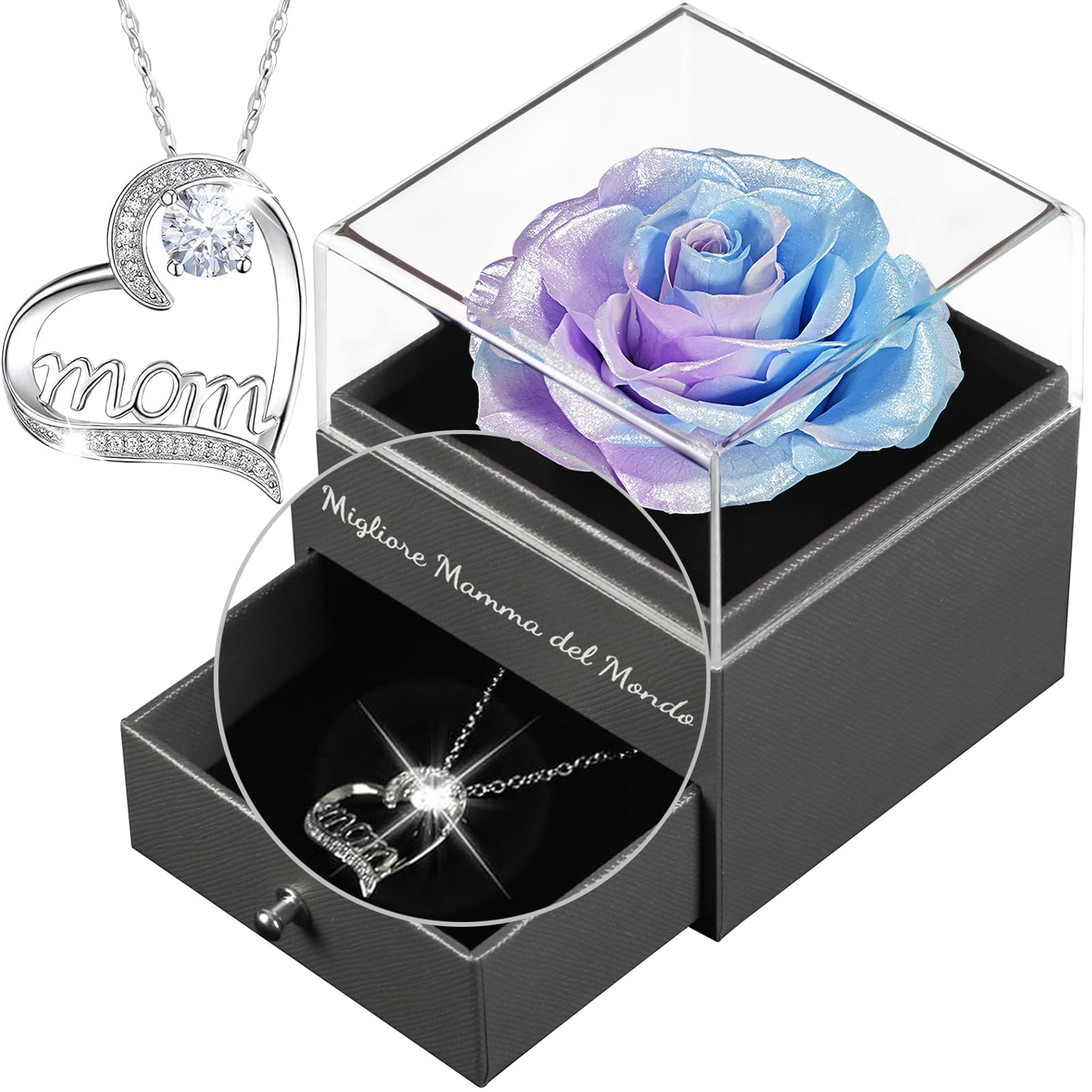 Willuck Rosa eterna con catena in argento 925, scatola di rose infinite, vera conservata, in argento Sterling 925, con cuore di cristallo, regalo per San Valentino, Natale, festa della mamma, 6-7 cm