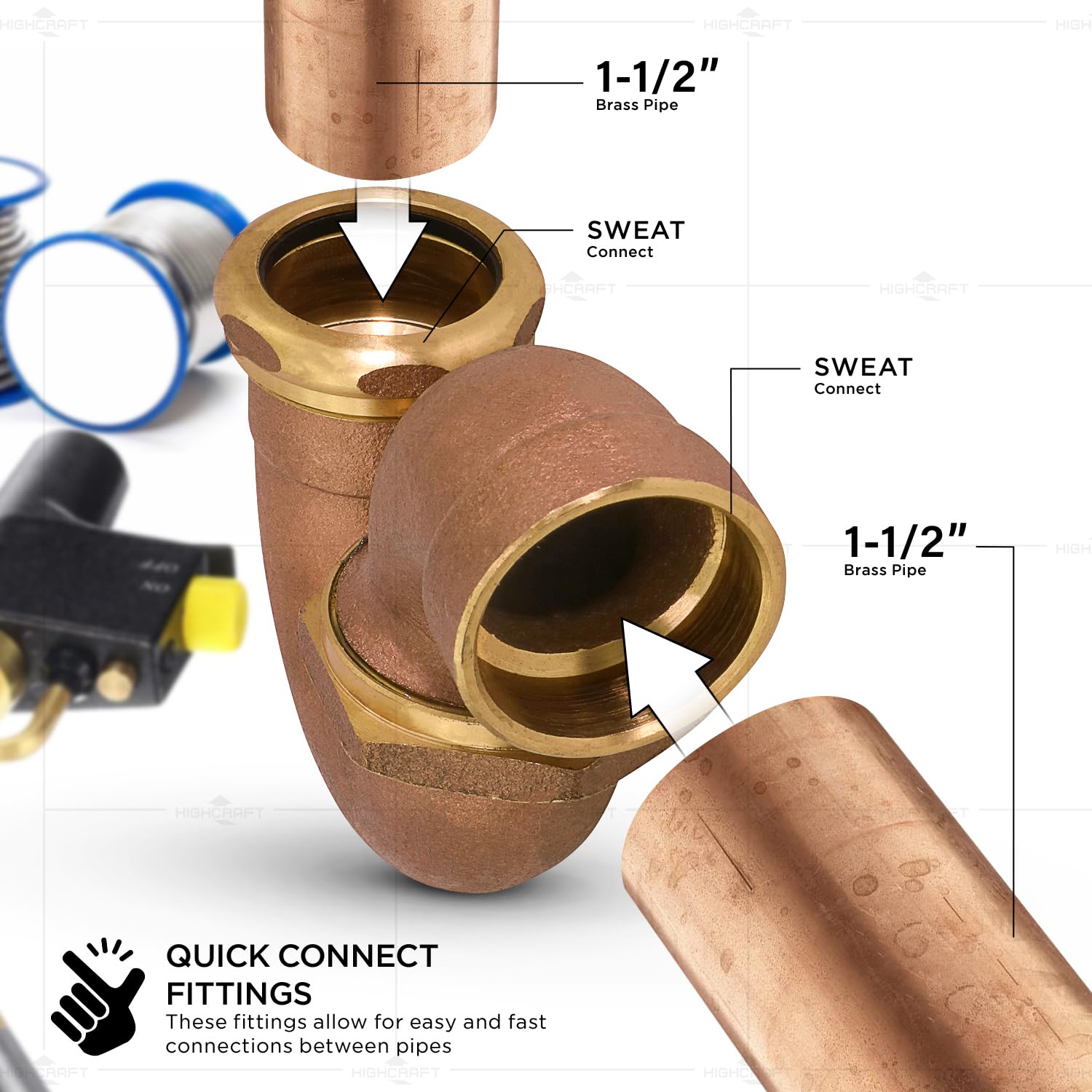 Highcraft Sifone in ottone modello LA 1-1/2 "SWT x 1/-1/2" sifone per lavandino del lavello, sifone in ottone per lavello da bagno, lavello da cucina, applicazioni di scarico tubolari per lavello da