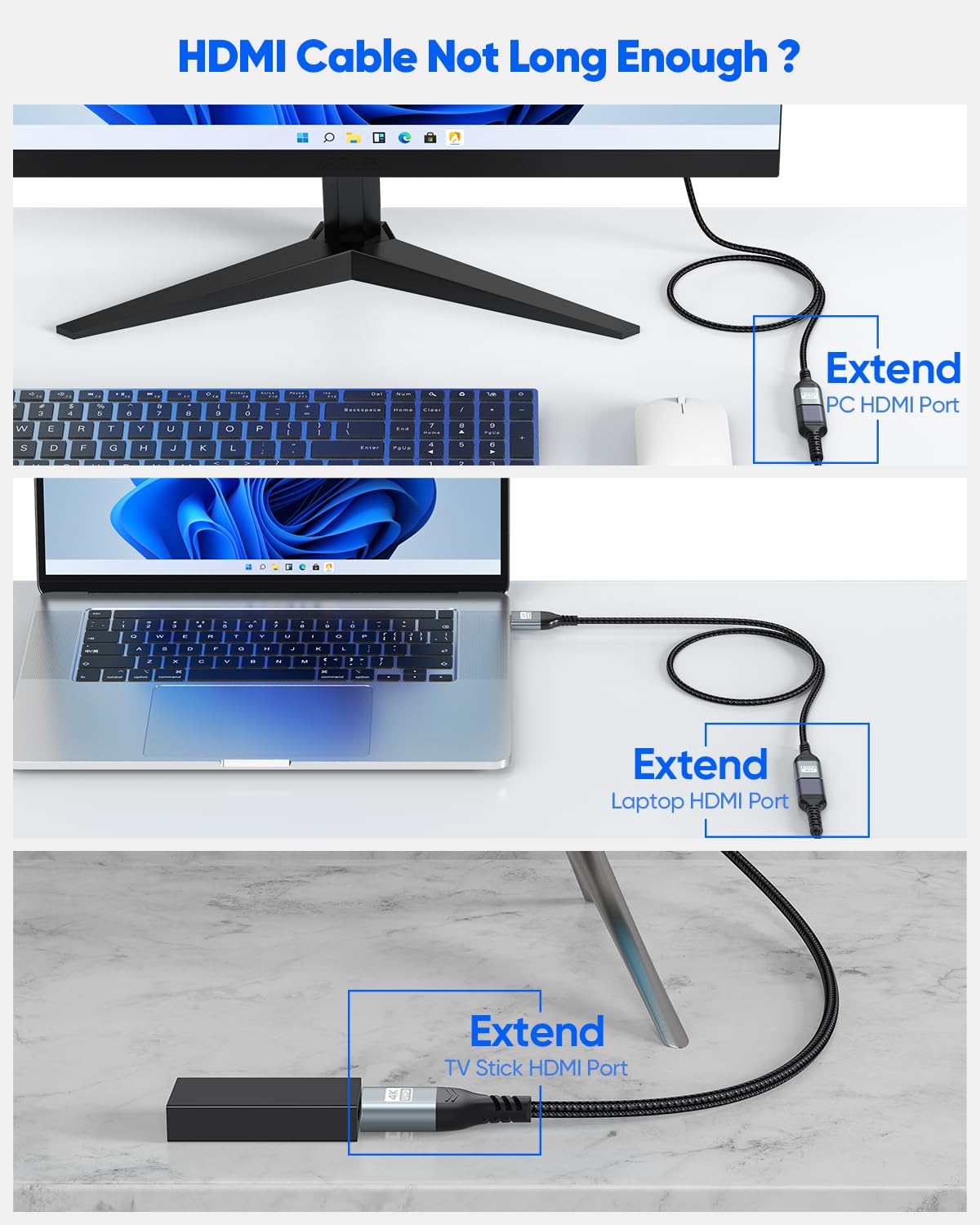 Cavo di prolunga HDMI 4K da 0,9 m, adattatore HDMI ad alta velocità da maschio a femmina, supporta ARC, HDR, 3D, HDCP 2.2, compatibile con Fire TV Stick, dispositivi Roku, PS5, Xbox, HDTV
